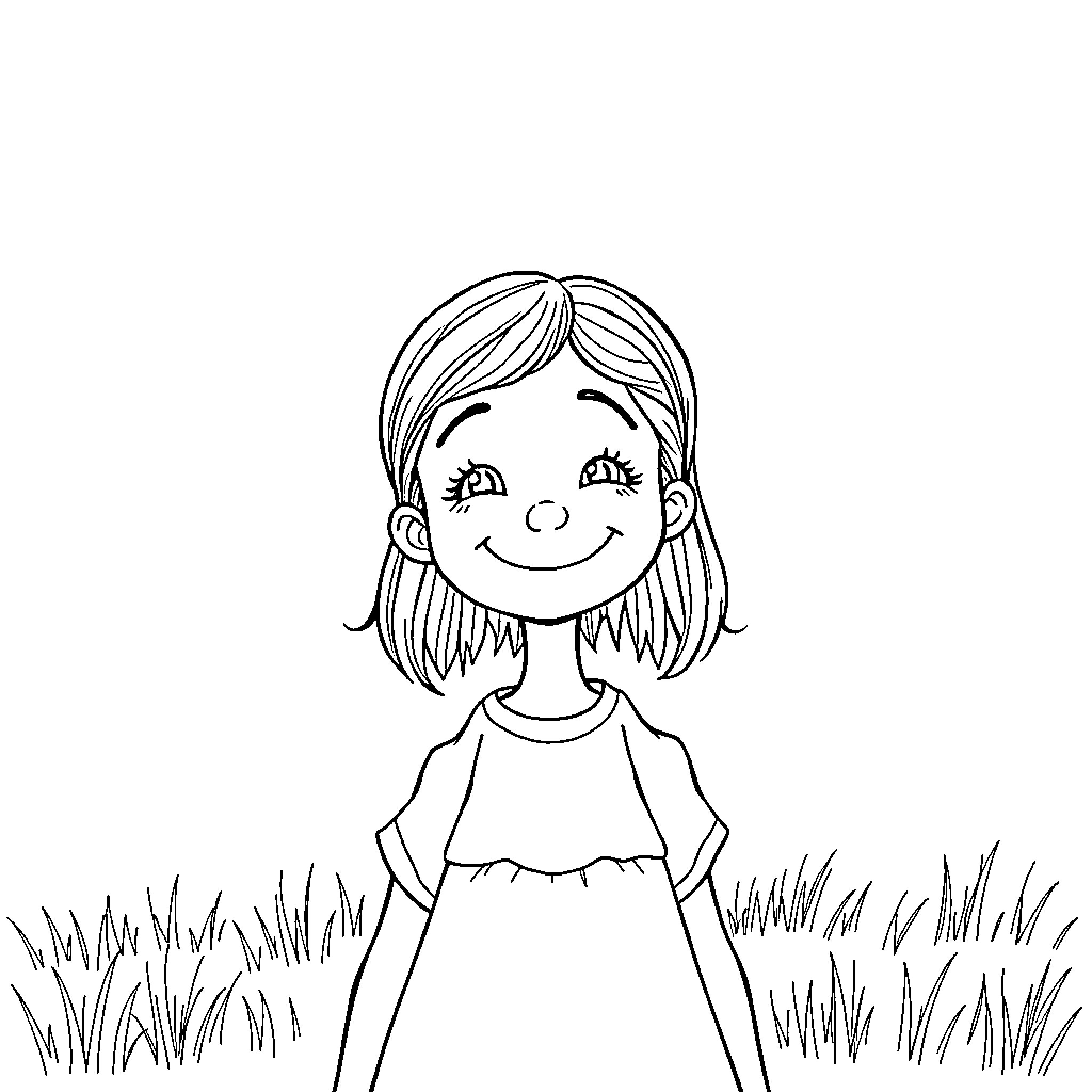 Girl smiling happily in a grassy field Coloring Page (free black-and-white line drawing printable PDF for all, from beginners to advanced learners, including children, teens, adults, and seniors)