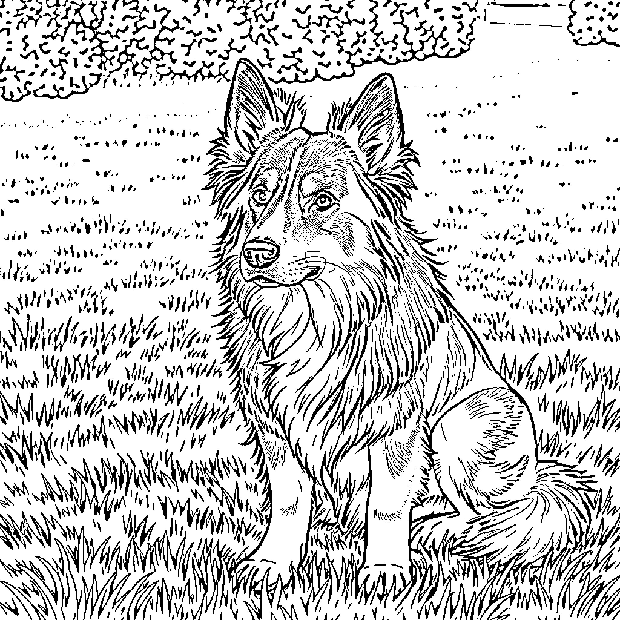 Australian Shepherd enjoying the outdoors Coloring Page (free black-and-white line drawing printable PDF for all, from beginners to advanced learners, including children, teens, adults, and seniors)