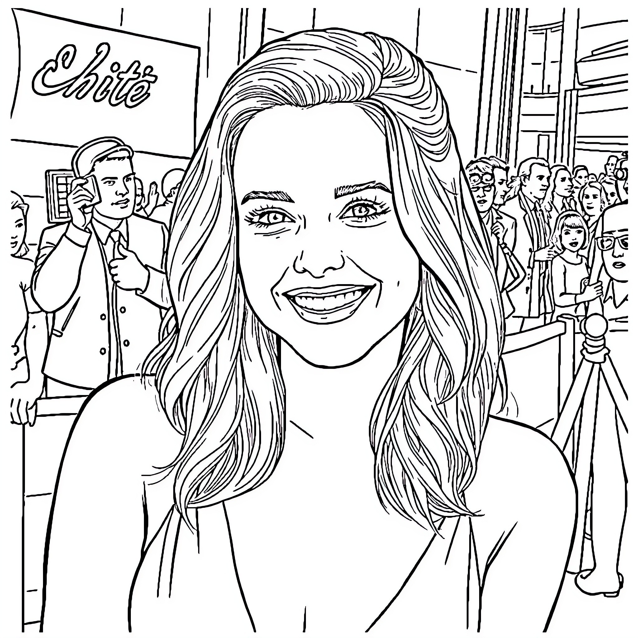 Sydney Sweeney Smiling Brightly at a Charity Event Coloring Page (free black-and-white line drawing printable PDF for all, from beginners to advanced learners, including children, teens, adults, and seniors)