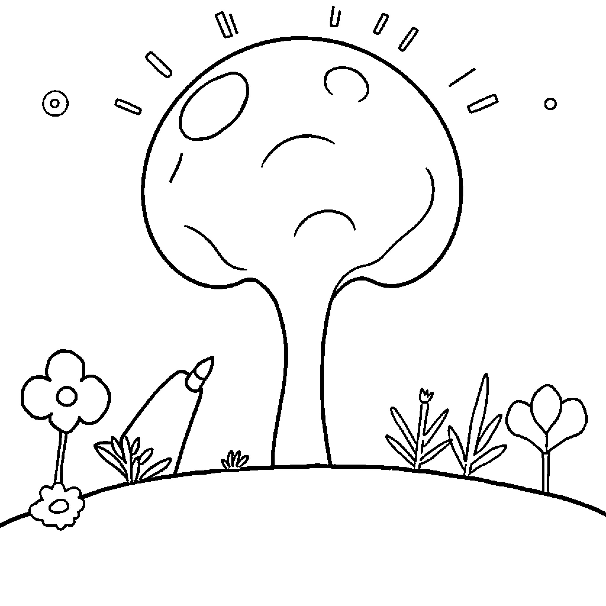 Pictogram of a whimsical tree and nature scene Coloring Page (free black-and-white line drawing printable PDF for all, from beginners to advanced learners, including children, teens, adults, and seniors)