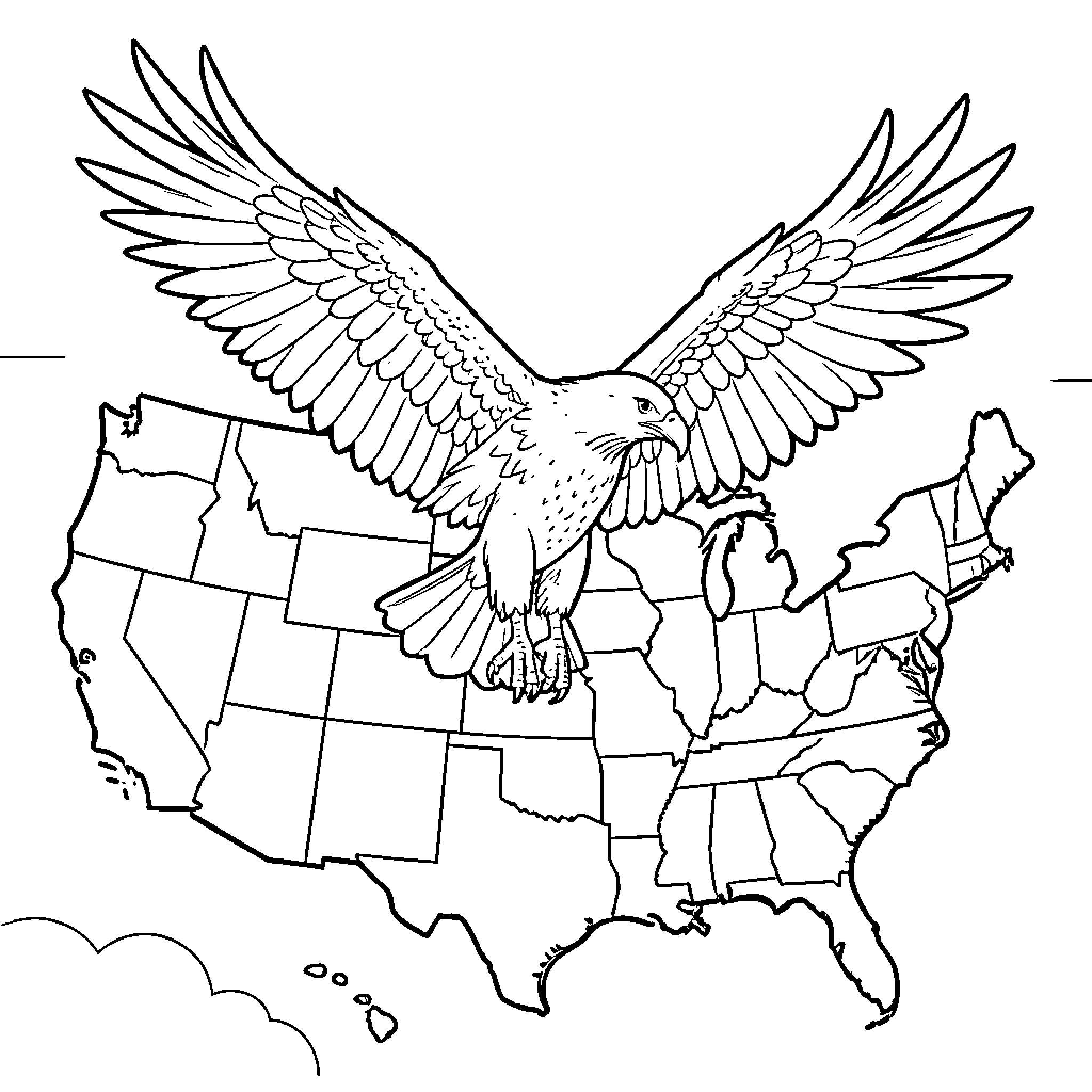 Eagle soaring majestically over the United States map Coloring Page (free black-and-white line drawing printable PDF for all, from beginners to advanced learners, including children, teens, adults, and seniors)