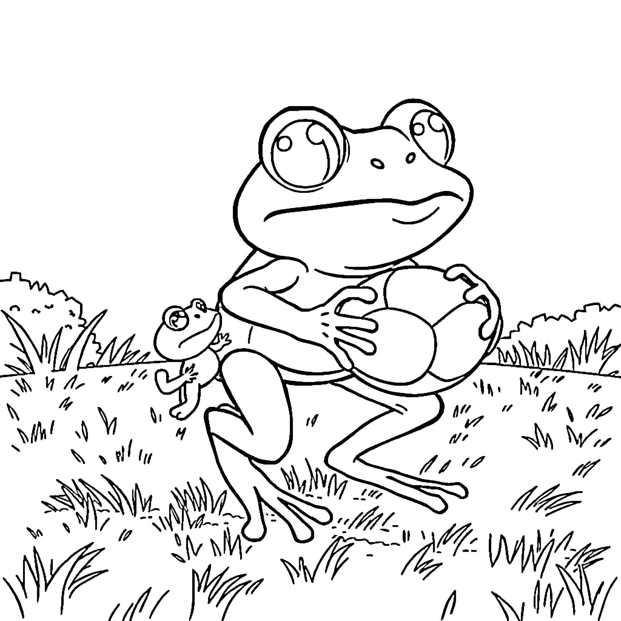 Frog exploring the grassy outdoors Coloring Page (free black-and-white line drawing printable PDF for all, from beginners to advanced learners, including children, teens, adults, and seniors)