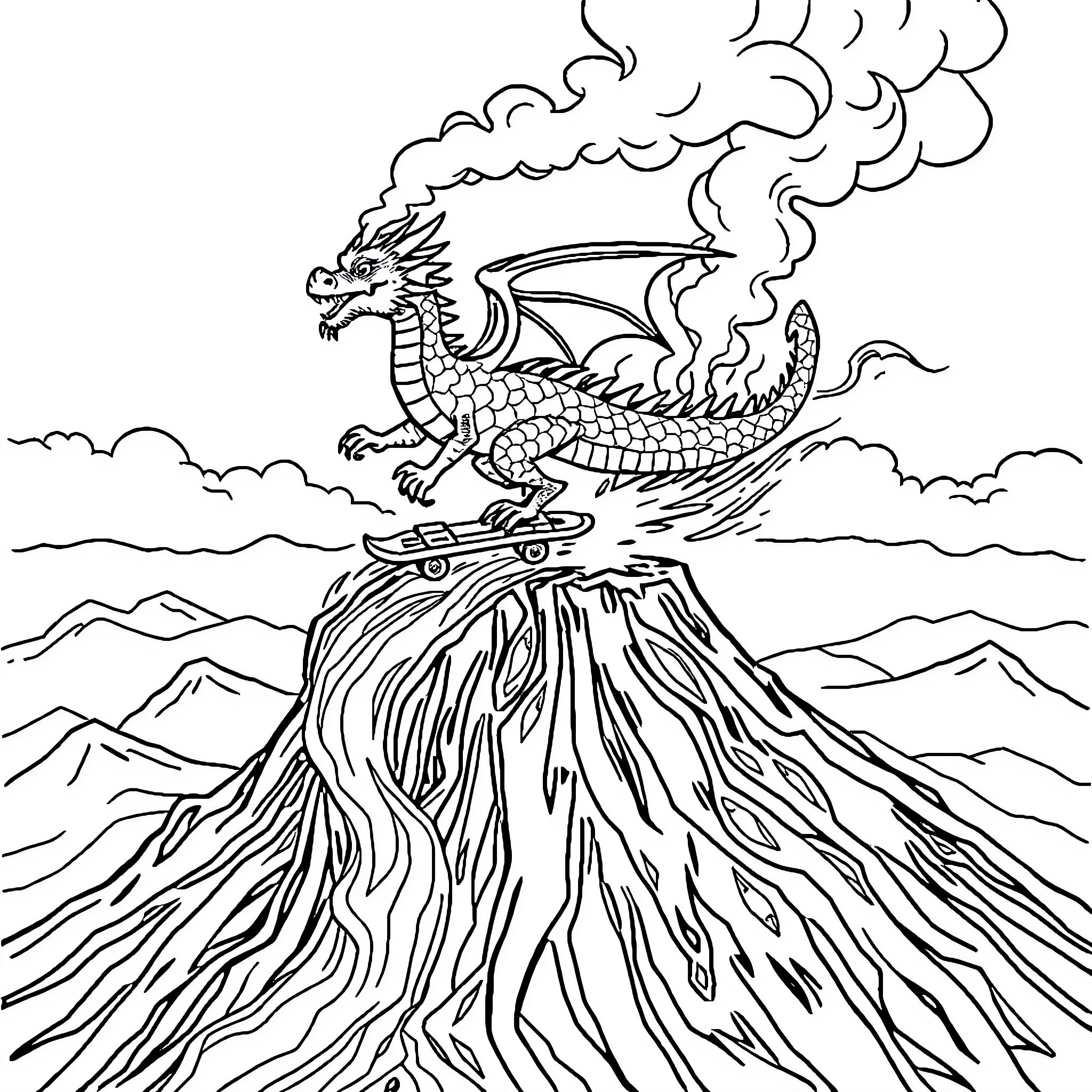 Dragon soaring over erupting volcanic landscape Coloring Page (free black-and-white line drawing printable PDF for all, from beginners to advanced learners, including children, teens, adults, and seniors)