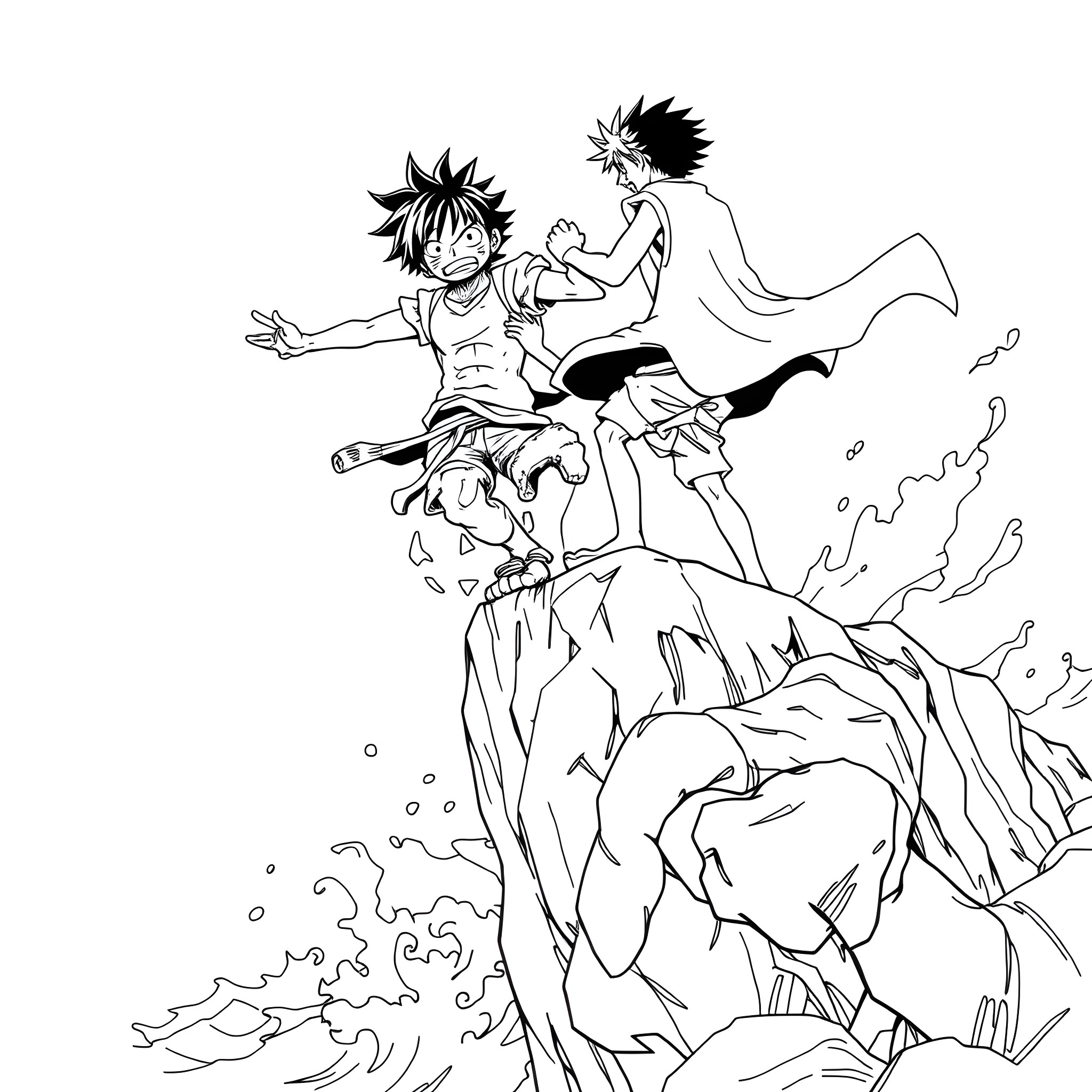 Luffy Unleashing Powerful Moves in Intense Battle Coloring Page (free black-and-white line drawing printable PDF for all, from beginners to advanced learners, including children, teens, adults, and seniors)