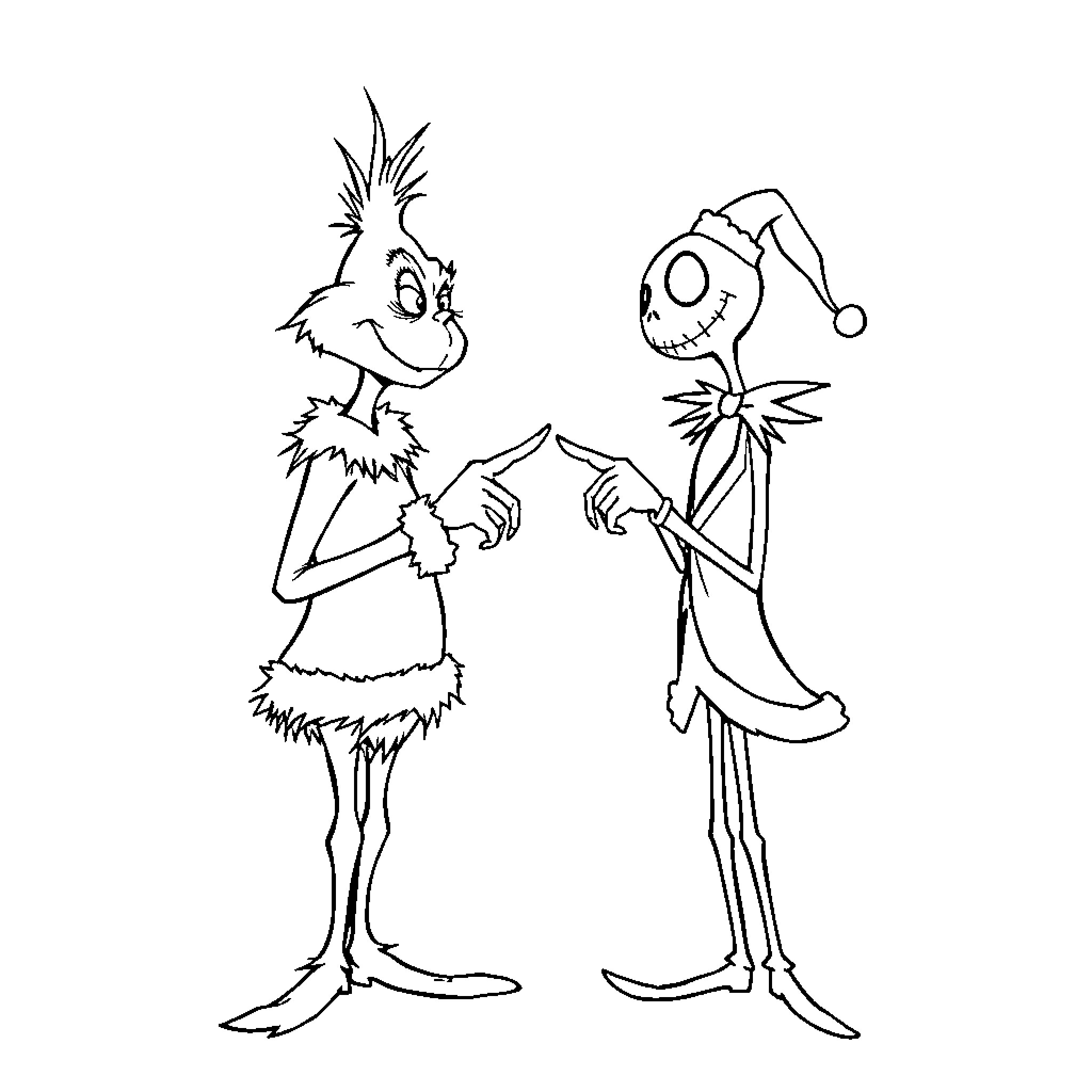 Grinch and Nightmare Before Christmas characters interact Coloring Page (free black-and-white line drawing printable PDF for all, from beginners to advanced learners, including children, teens, adults, and seniors)