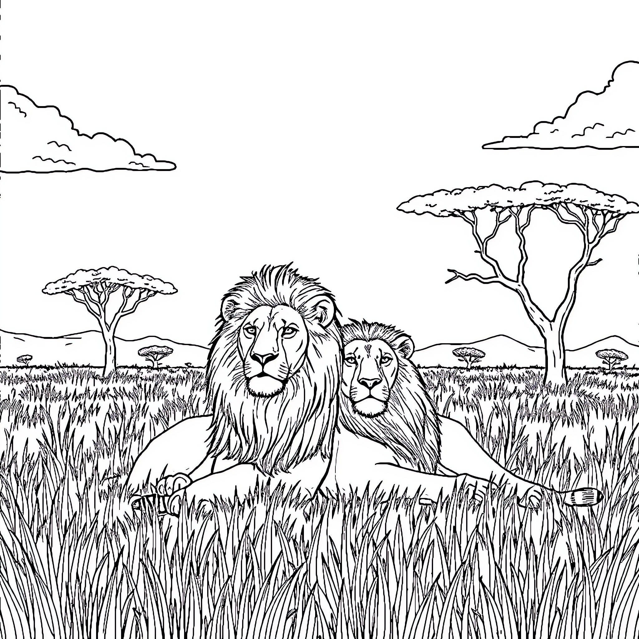 Lion pair resting in the African savanna Coloring Page (free black-and-white line drawing printable PDF for all, from beginners to advanced learners, including children, teens, adults, and seniors)