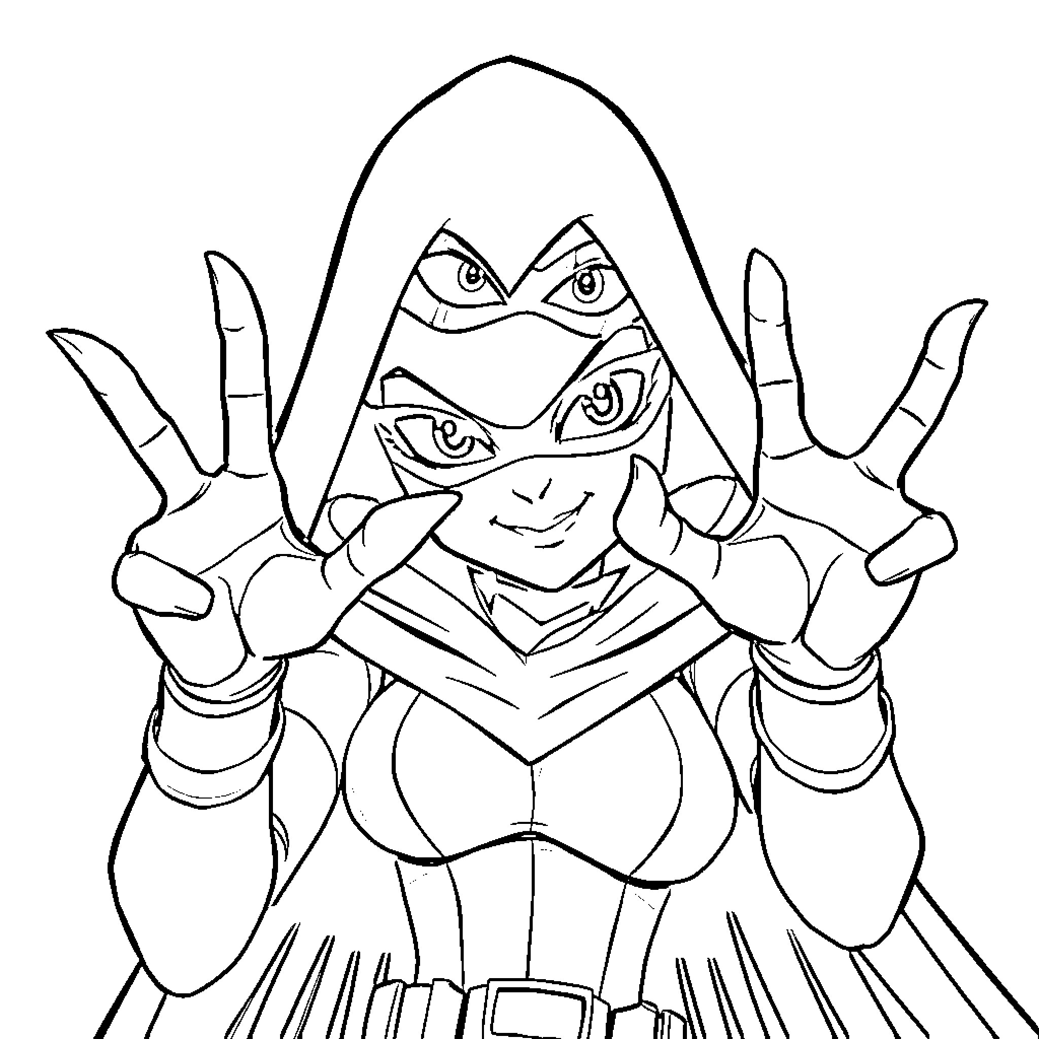 Raven-themed figure striking an energetic pose Coloring Page (free black-and-white line drawing printable PDF for all, from beginners to advanced learners, including children, teens, adults, and seniors)