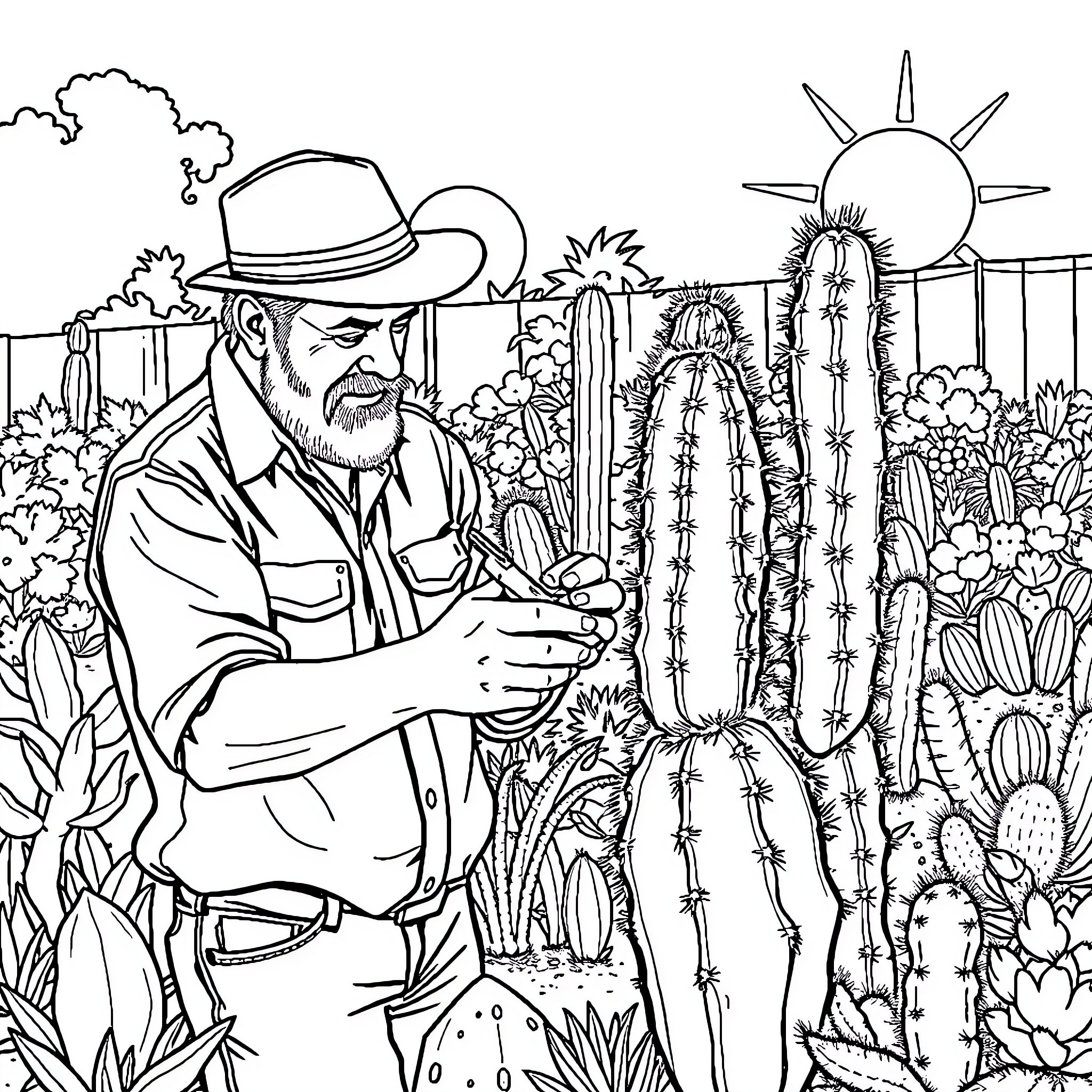 Cactus gardener tending to plants in the desert Coloring Page (free black-and-white line drawing printable PDF for all, from beginners to advanced learners, including children, teens, adults, and seniors)