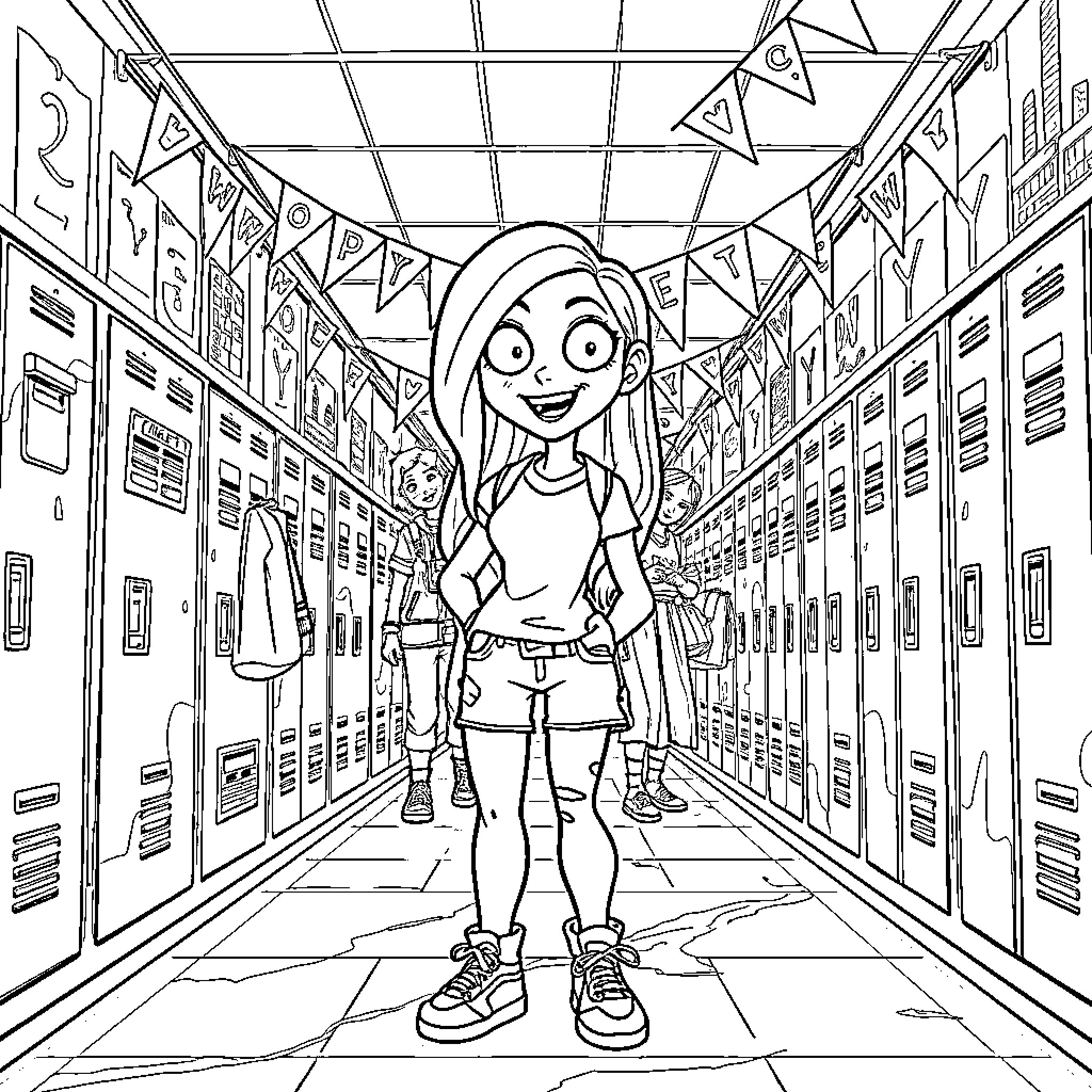 Addison's Carefree School Adventure Coloring Page (free black-and-white line drawing printable PDF for all, from beginners to advanced learners, including children, teens, adults, and seniors)