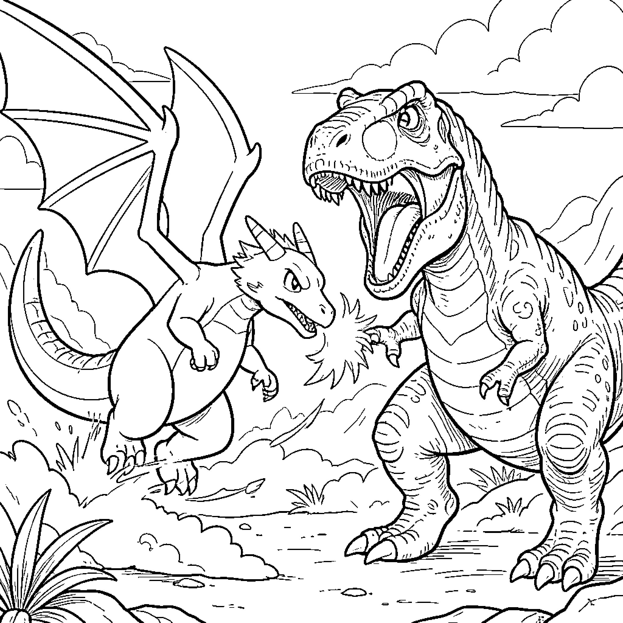 Charizard facing off against a Tyrannosaurus Rex Coloring Page (free black-and-white line drawing printable PDF for all, from beginners to advanced learners, including children, teens, adults, and seniors)
