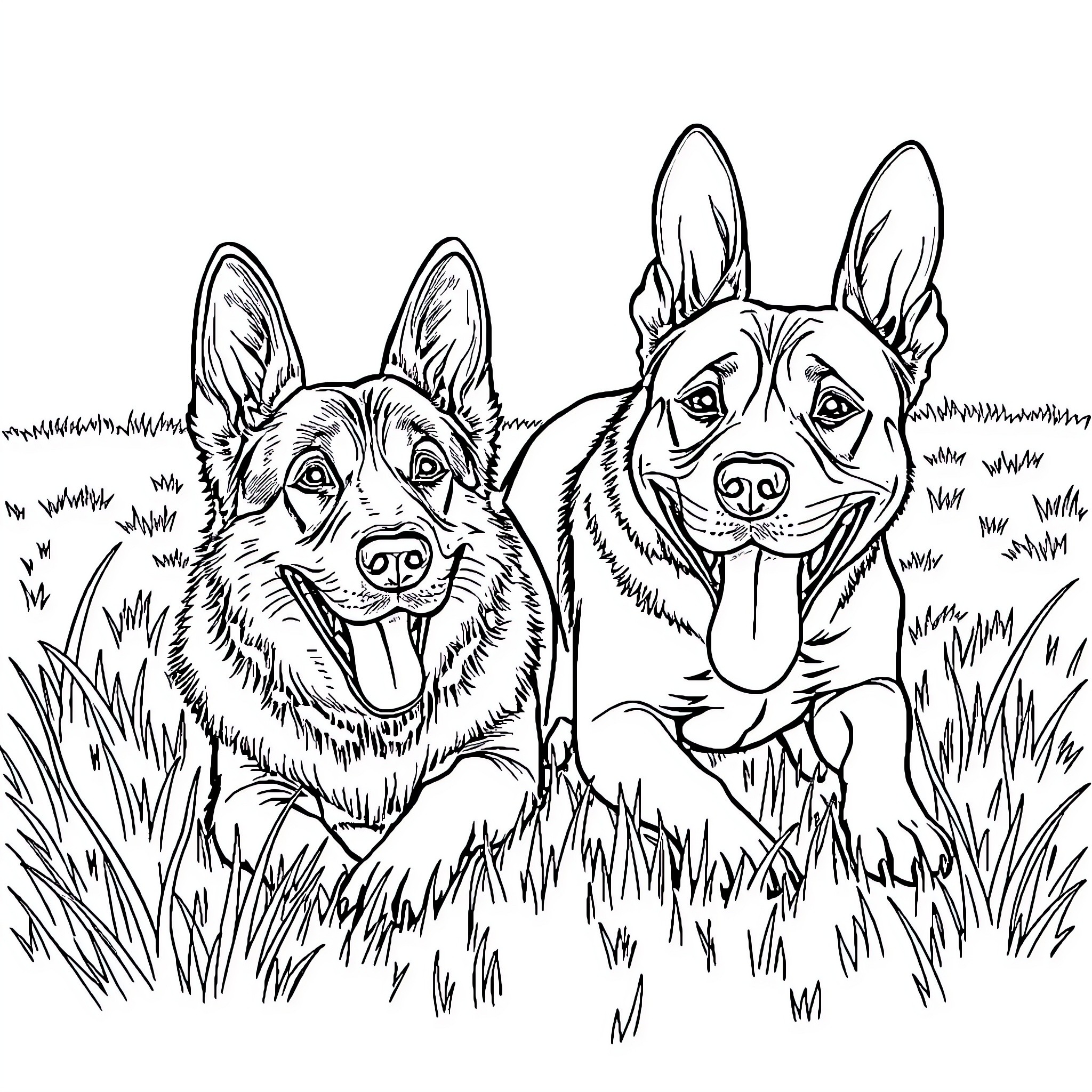 Dogs exploring the grassy outdoors Coloring Page (free black-and-white line drawing printable PDF for all, from beginners to advanced learners, including children, teens, adults, and seniors)