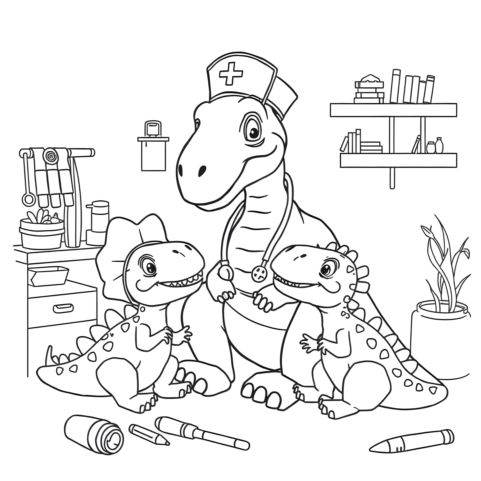 Dinosaur Doctors Playing with Medical Supplies Coloring Page (free black-and-white line drawing printable PDF for all, from beginners to advanced learners, including children, teens, adults, and seniors)