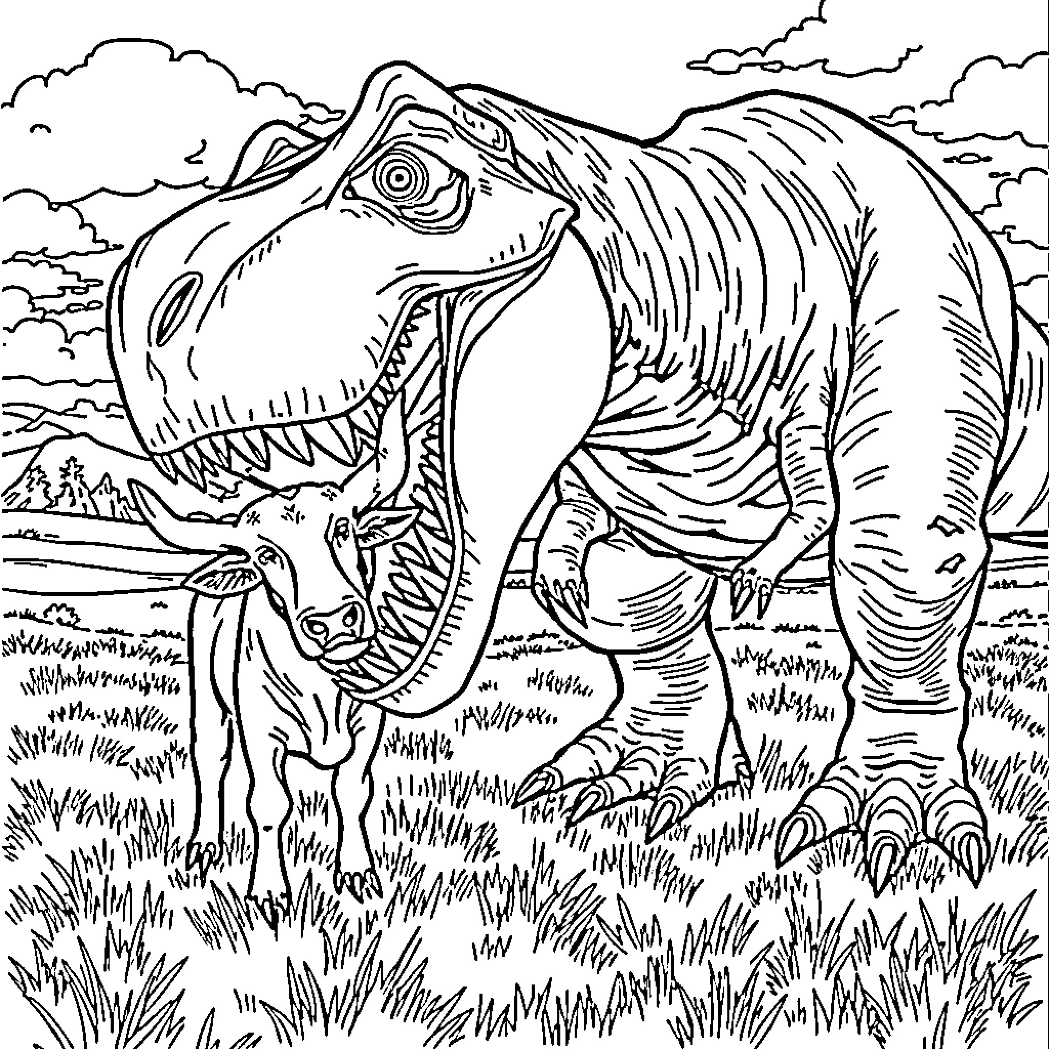 T-Rex Roaming Prehistoric Landscape Coloring Page (free black-and-white line drawing printable PDF for all, from beginners to advanced learners, including children, teens, adults, and seniors)