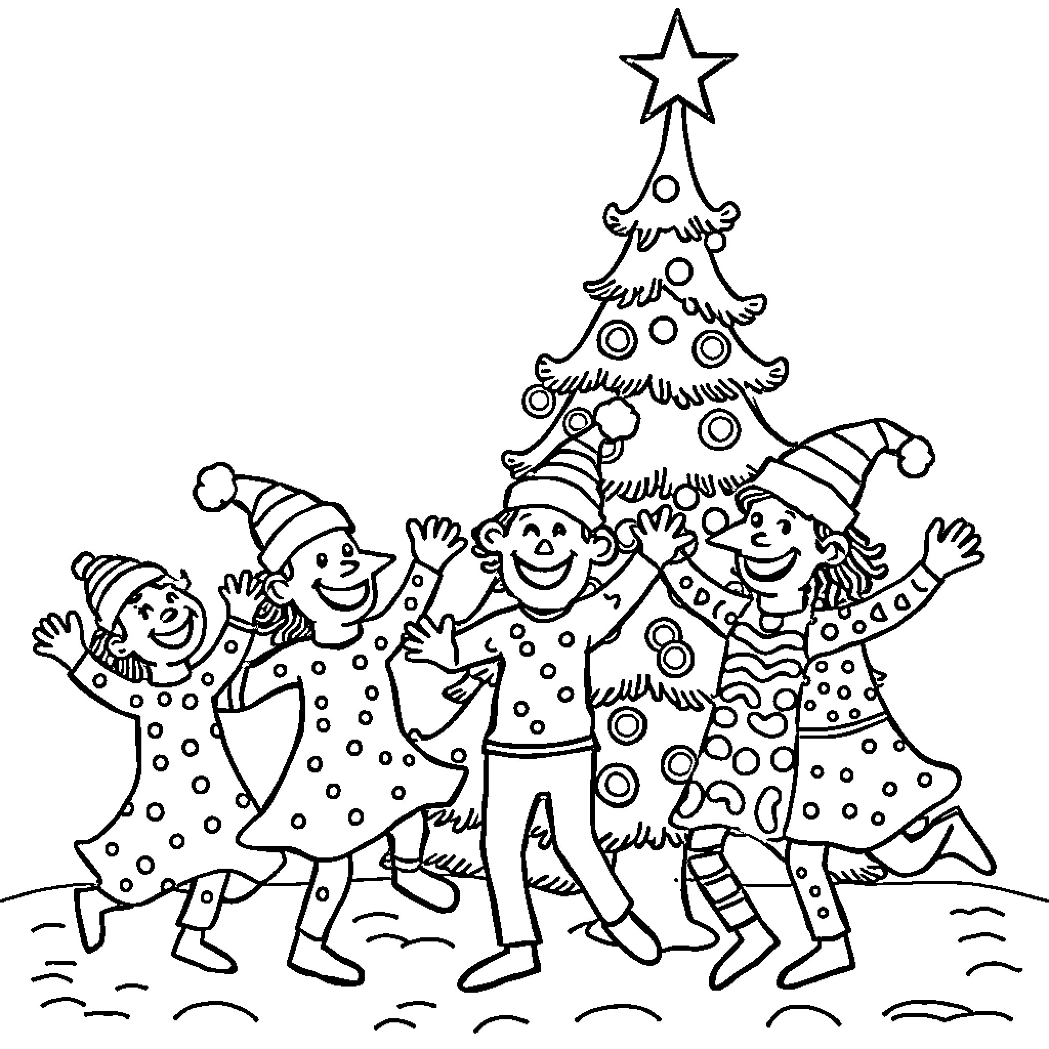Puppet characters celebrating joyfully around Christmas tree Coloring Page (free black-and-white line drawing printable PDF for all, from beginners to advanced learners, including children, teens, adults, and seniors)