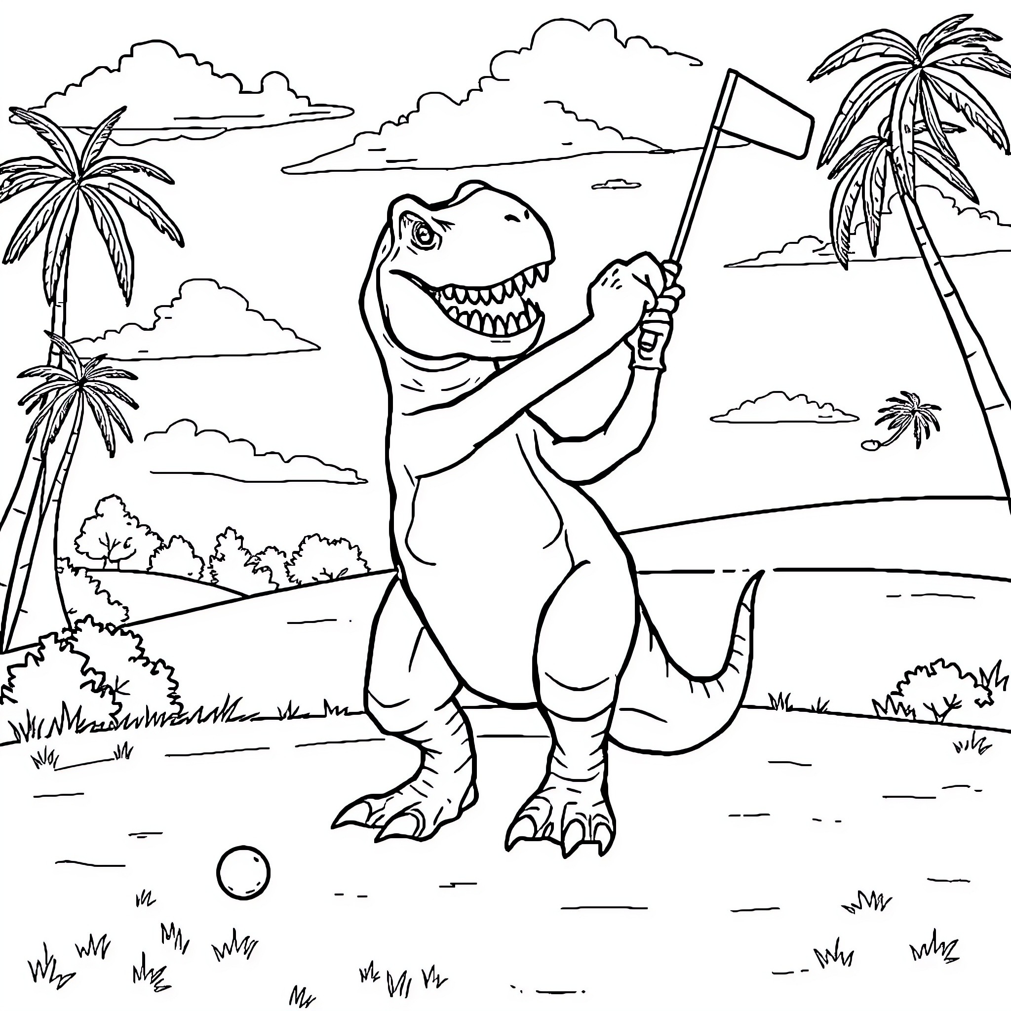 Trex playing and exploring tropical beach scenery Coloring Page (free black-and-white line drawing printable PDF for all, from beginners to advanced learners, including children, teens, adults, and seniors)