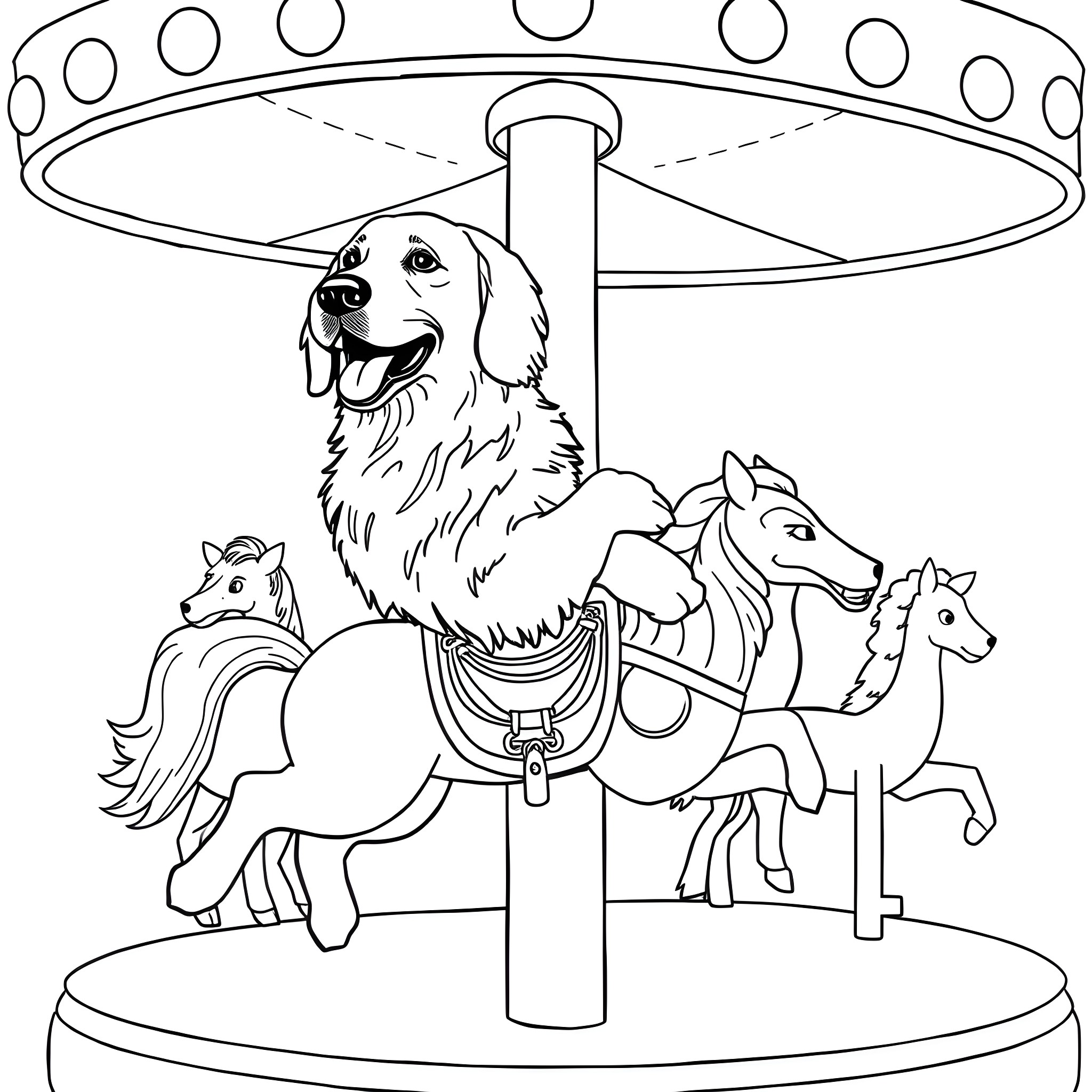 Golden Retriever on a Carnival Carousel Coloring Page (free black-and-white line drawing printable PDF for all, from beginners to advanced learners, including children, teens, adults, and seniors)