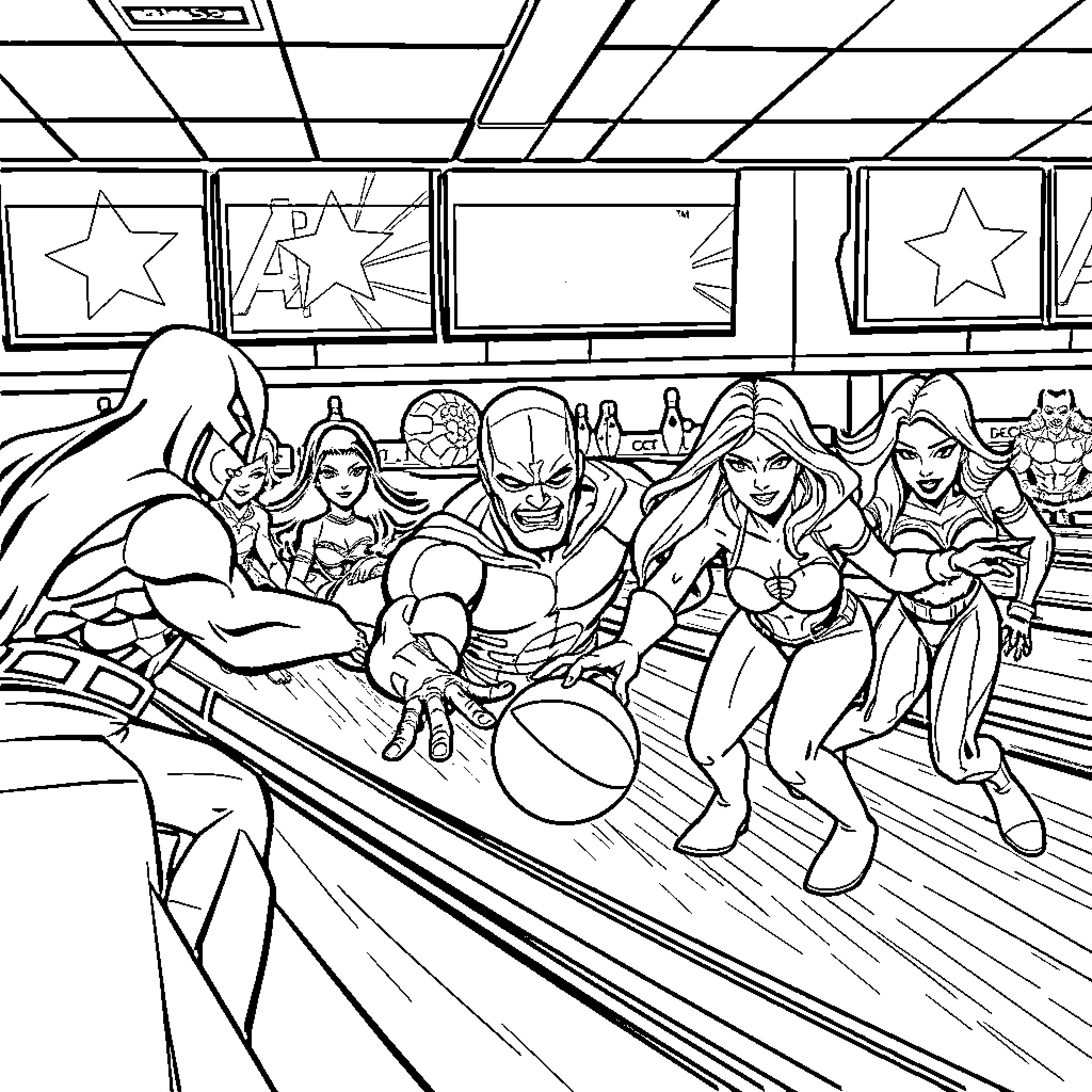 Marvel Characters in an Action-Packed Bowling Alley Scene Coloring Page (free black-and-white line drawing printable PDF for all, from beginners to advanced learners, including children, teens, adults, and seniors)
