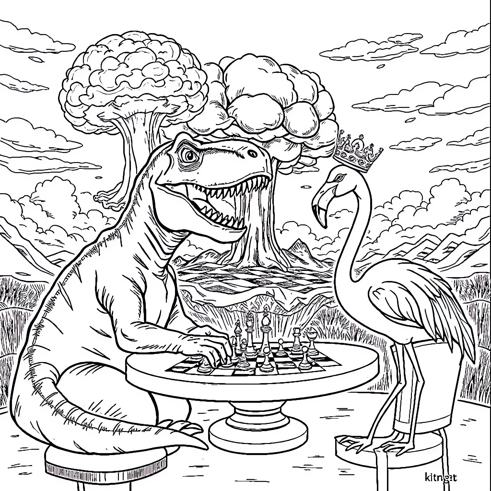 T-Rex Playing Chess with Flamingo in Surreal Landscape Coloring Page (free black-and-white line drawing printable PDF for all, from beginners to advanced learners, including children, teens, adults, and seniors)