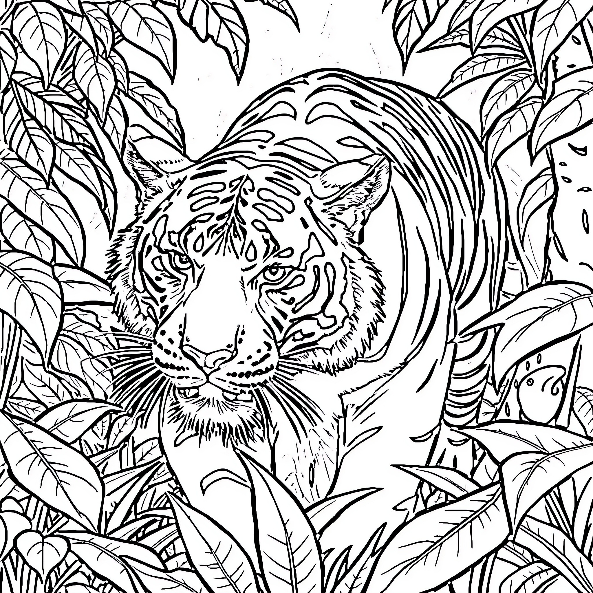 Tiger Prowling Through Lush Jungle Foliage Coloring Page (free black-and-white line drawing printable PDF for all, from beginners to advanced learners, including children, teens, adults, and seniors)