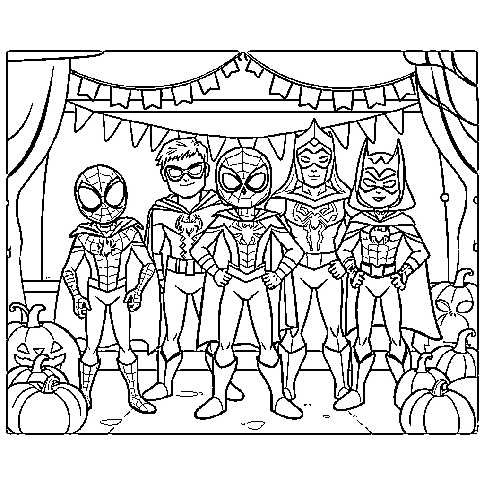 Spiderman and his superhero friends celebrating Halloween Coloring Page (free black-and-white line drawing printable PDF for all, from beginners to advanced learners, including children, teens, adults, and seniors)