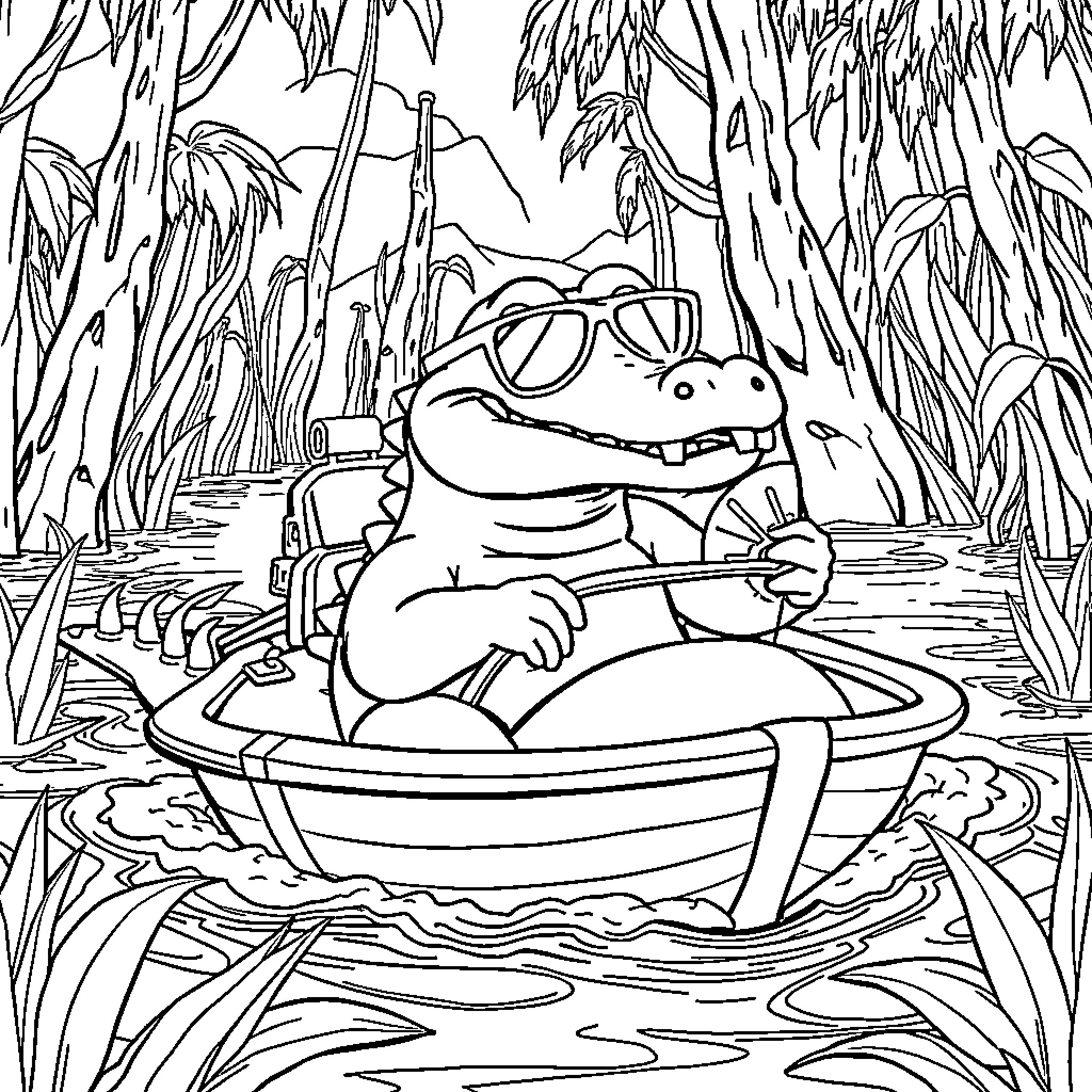Gator relaxing in boat on swamp Coloring Page (free black-and-white line drawing printable PDF for all, from beginners to advanced learners, including children, teens, adults, and seniors)