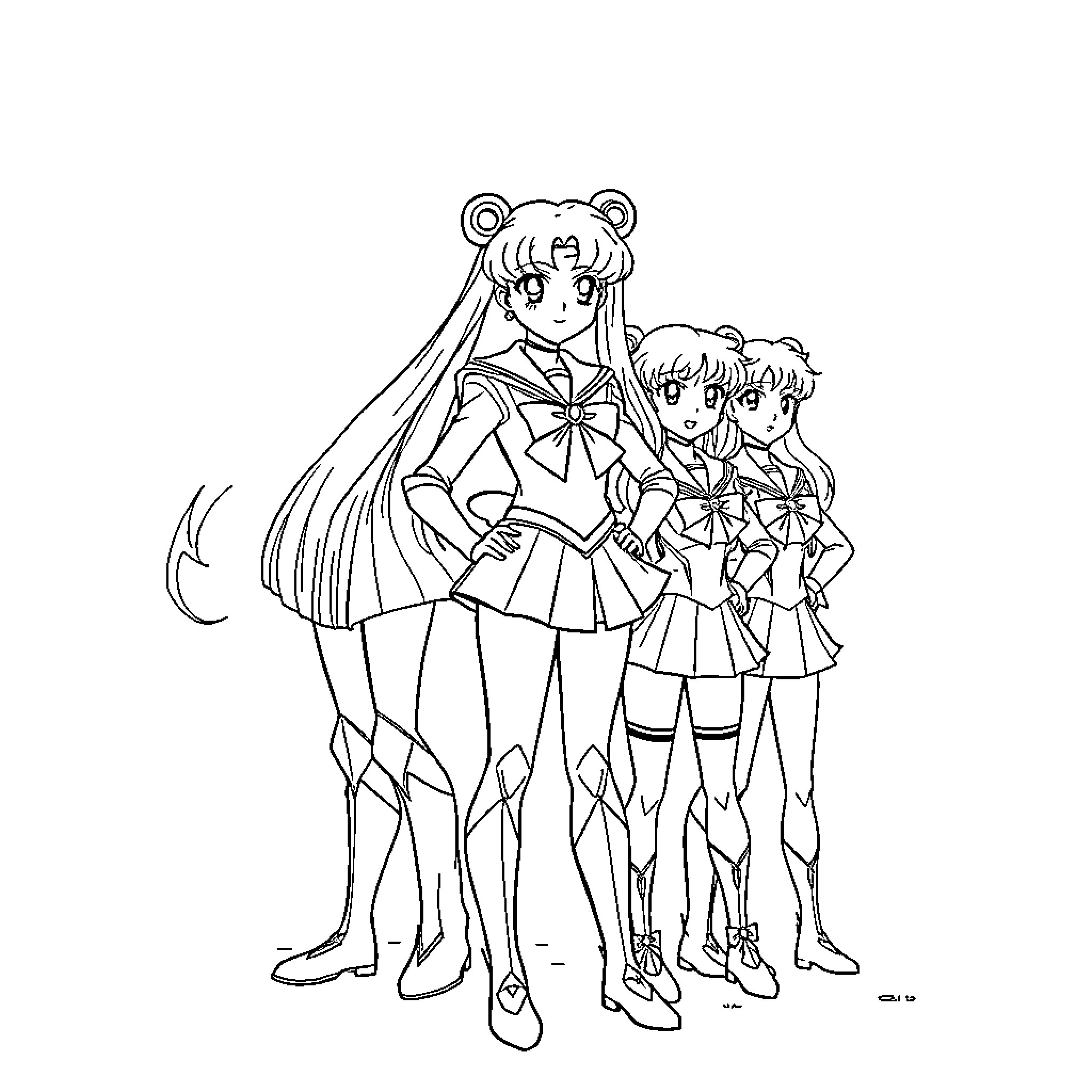 Sailor Moon and her Sailor Senshi team in action Coloring Page (free black-and-white line drawing printable PDF for all, from beginners to advanced learners, including children, teens, adults, and seniors)