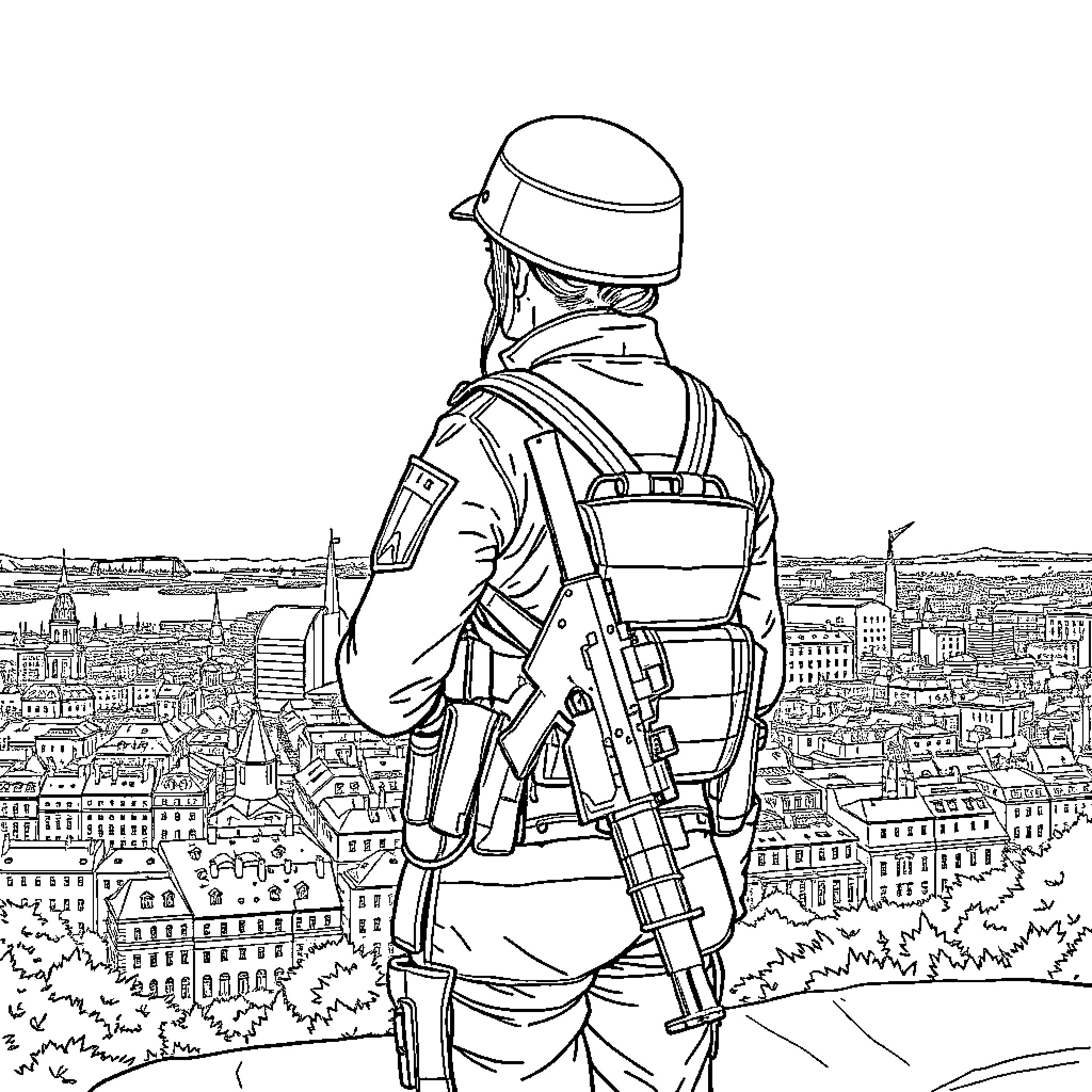 Officer overlooking cityscape from high vantage point Coloring Page (free black-and-white line drawing printable PDF for all, from beginners to advanced learners, including children, teens, adults, and seniors)