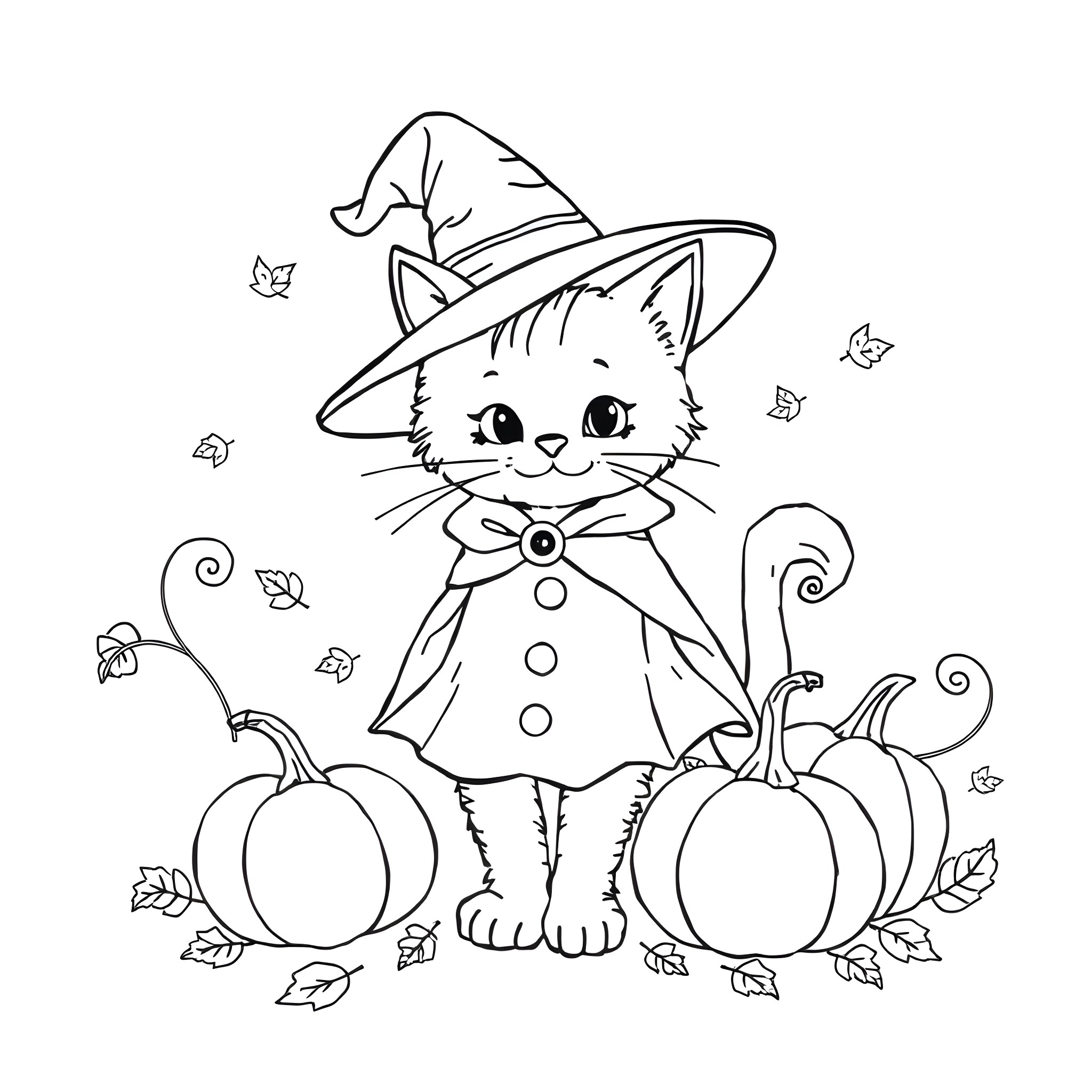 Cat in Halloween costume with pumpkins Coloring Page (free black-and-white line drawing printable PDF for all, from beginners to advanced learners, including children, teens, adults, and seniors)