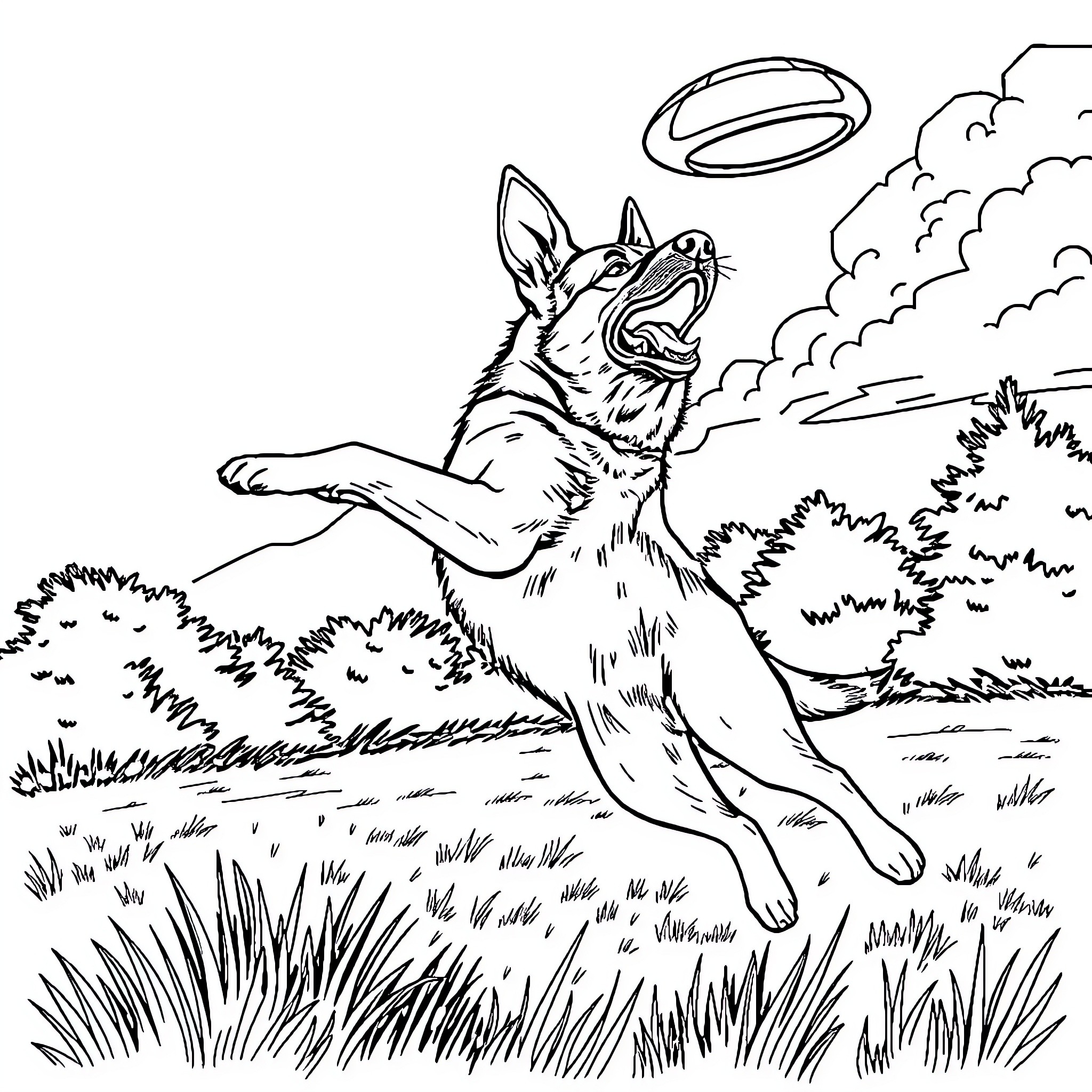 German Shepherd Joyfully Leaping in Grassy Meadow Coloring Page (free black-and-white line drawing printable PDF for all, from beginners to advanced learners, including children, teens, adults, and seniors)