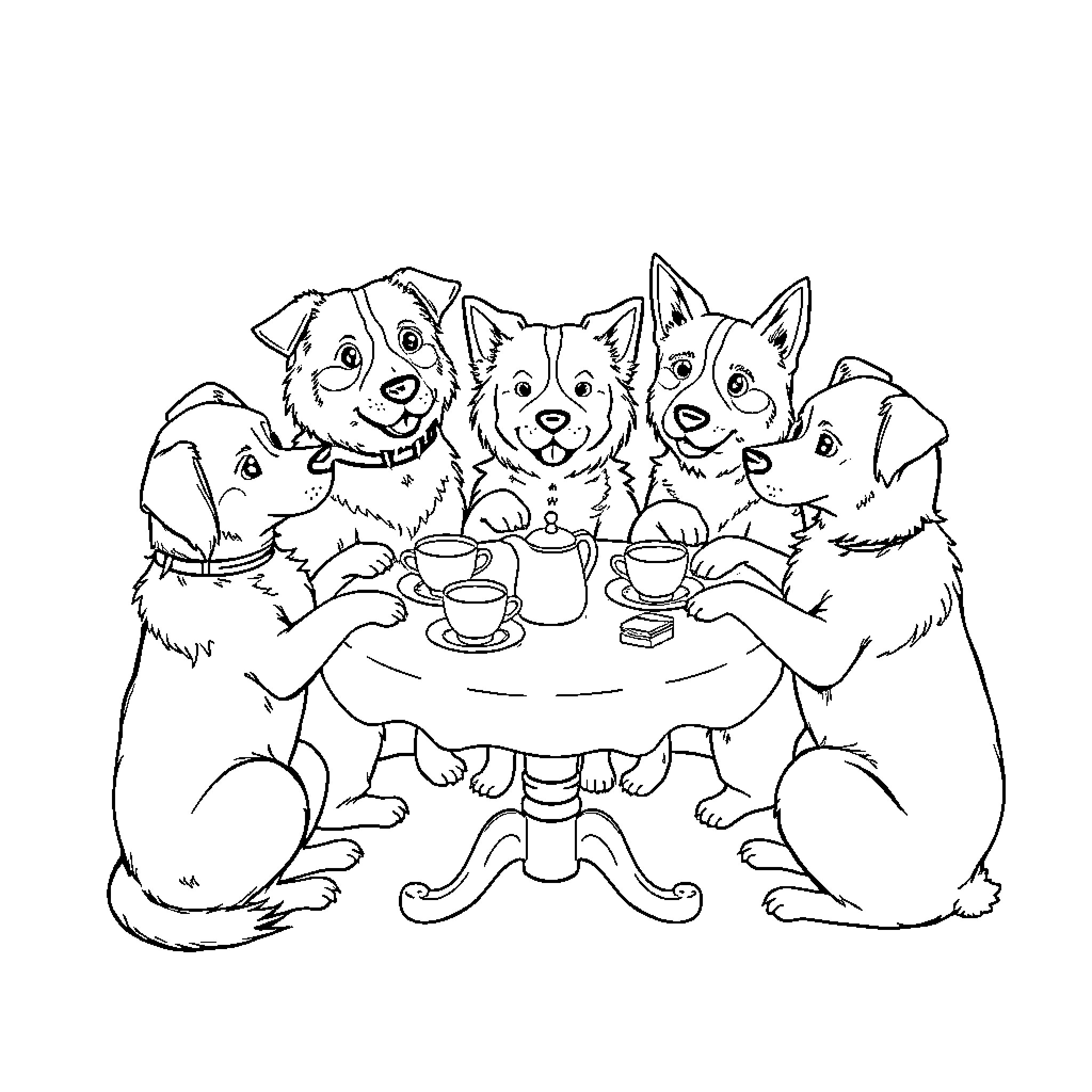 Dogs enjoying tea party together Coloring Page (free black-and-white line drawing printable PDF for all, from beginners to advanced learners, including children, teens, adults, and seniors)
