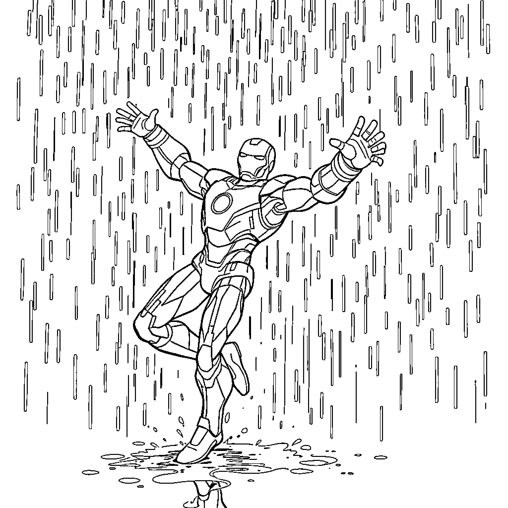 Iron Man flying through the rain Coloring Page (free black-and-white line drawing printable PDF for all, from beginners to advanced learners, including children, teens, adults, and seniors)