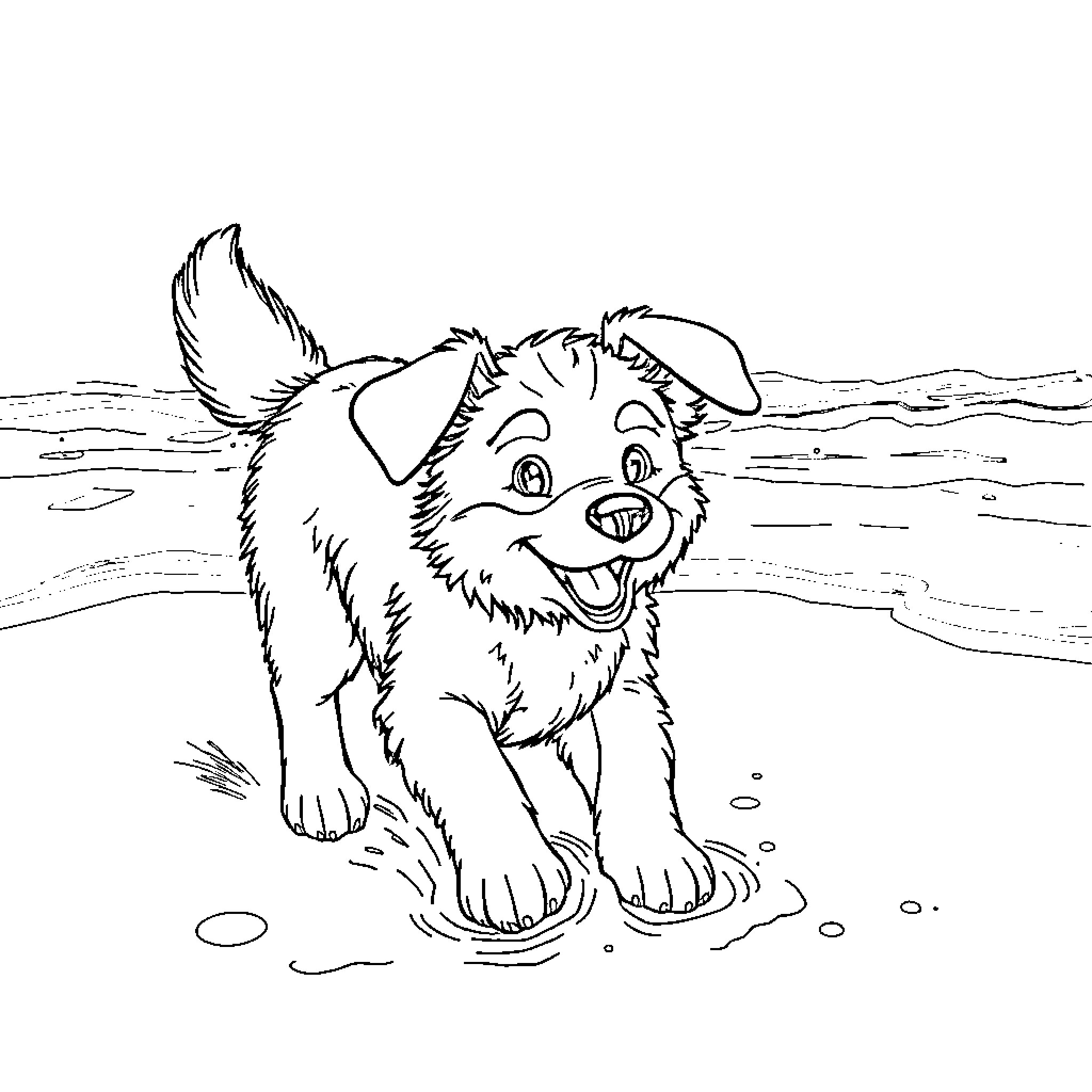 Bluey playing happily in the water Coloring Page (free black-and-white line drawing printable PDF for all, from beginners to advanced learners, including children, teens, adults, and seniors)