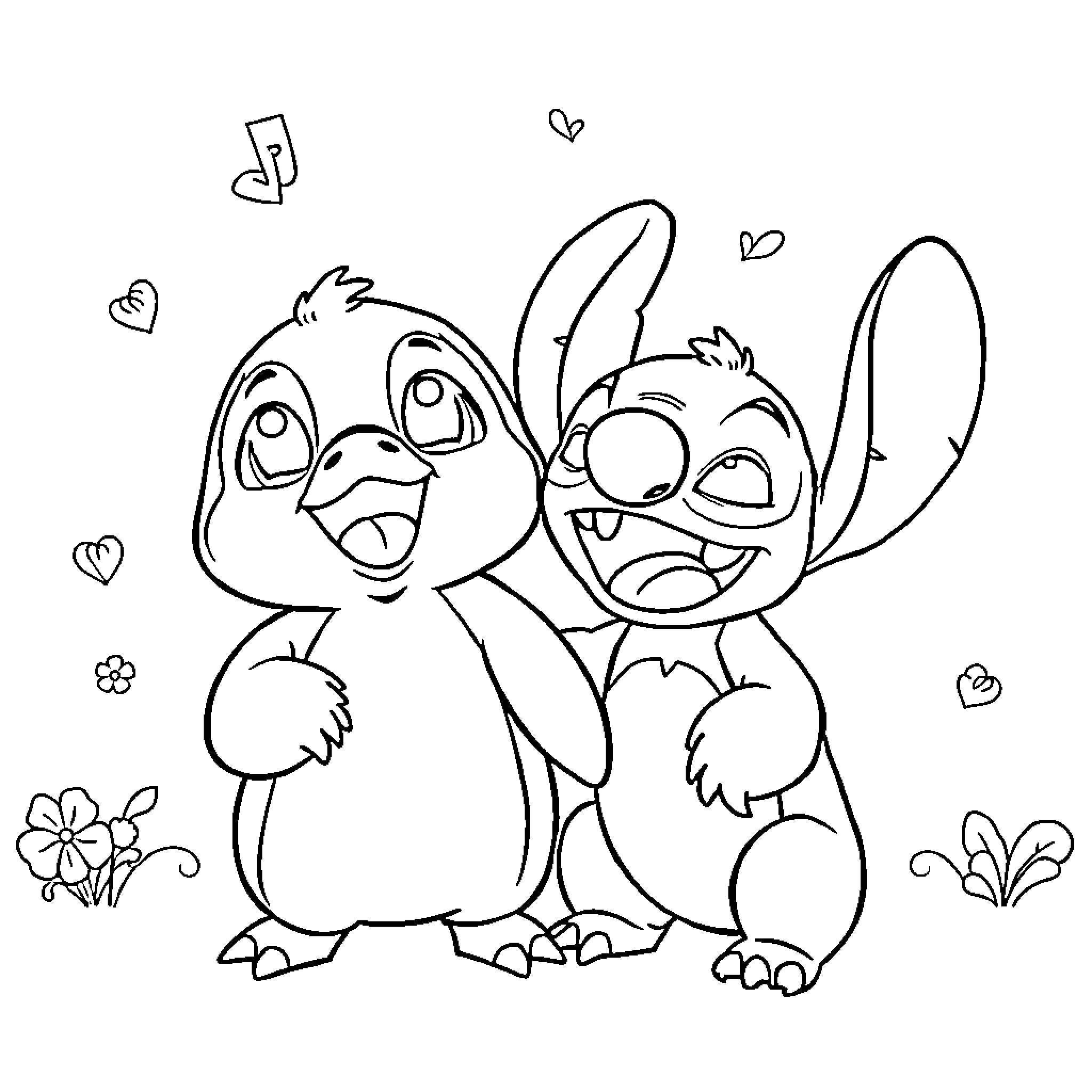 Labubu's Playful Adventure with Stitch Coloring Page (free black-and-white line drawing printable PDF for all, from beginners to advanced learners, including children, teens, adults, and seniors)