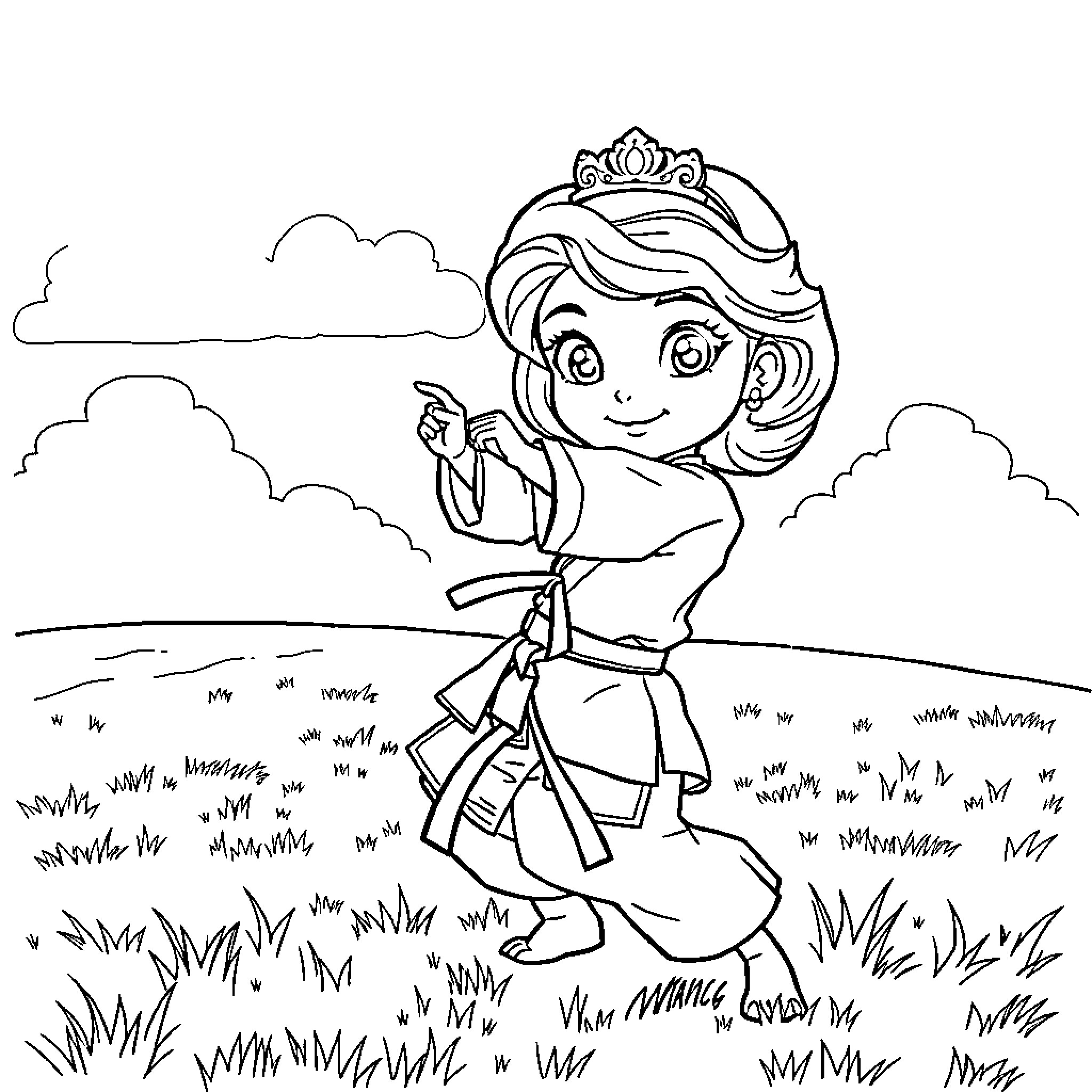 Sofia exploring the meadow with joy Coloring Page (free black-and-white line drawing printable PDF for all, from beginners to advanced learners, including children, teens, adults, and seniors)