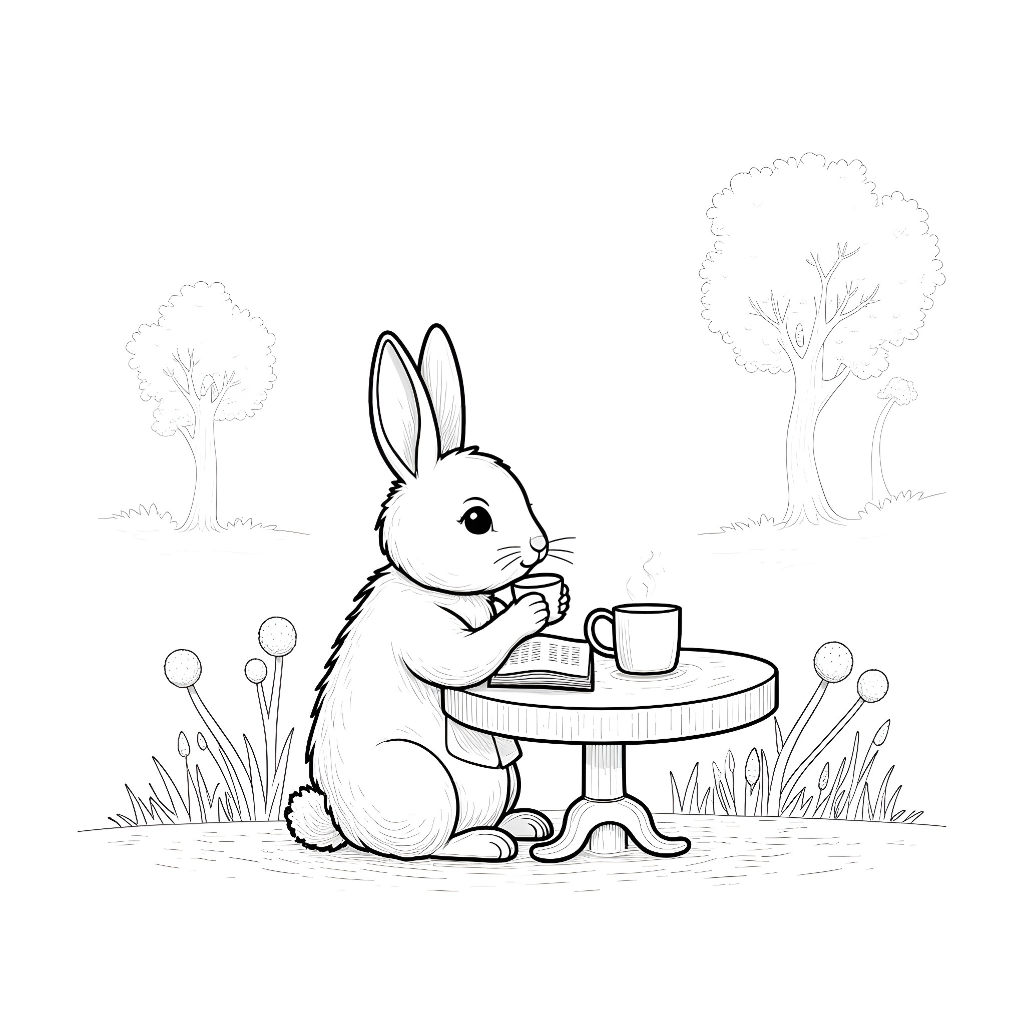 Rabbit enjoying a cup of tea in the garden Coloring Page (free black-and-white line drawing printable PDF for all, from beginners to advanced learners, including children, teens, adults, and seniors)