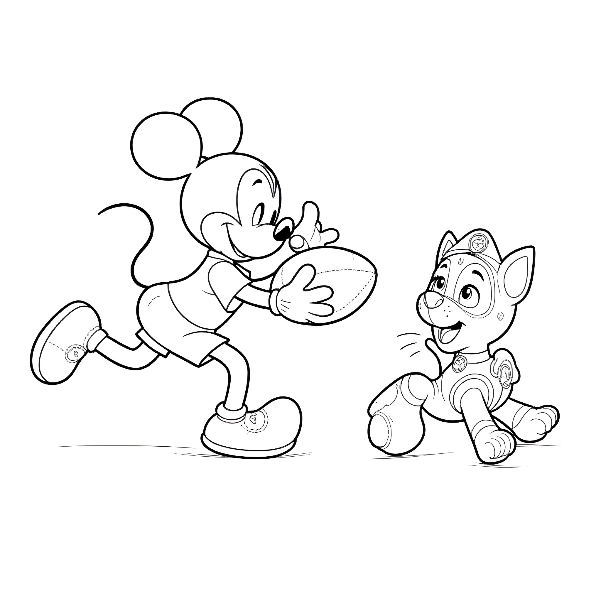 Mickey Mouse playing with Paw Patrol puppy in cartoon style Coloring Page (free black-and-white line drawing printable PDF for all, from beginners to advanced learners, including children, teens, adults, and seniors)