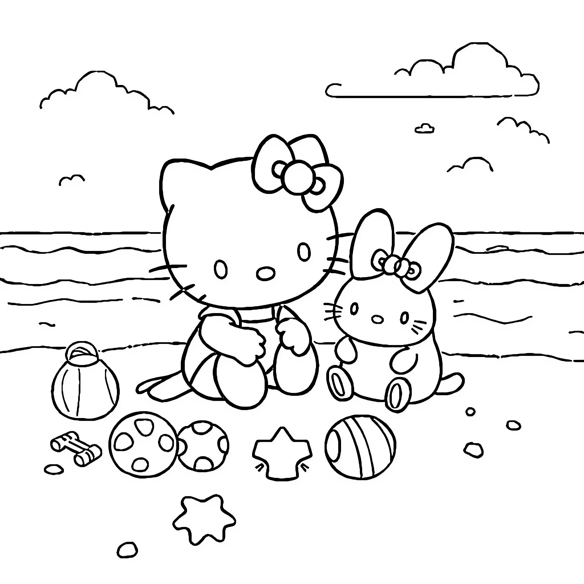 Hello Kitty and Friends Enjoy a Beach Day Coloring Page (free black-and-white line drawing printable PDF for all, from beginners to advanced learners, including children, teens, adults, and seniors)