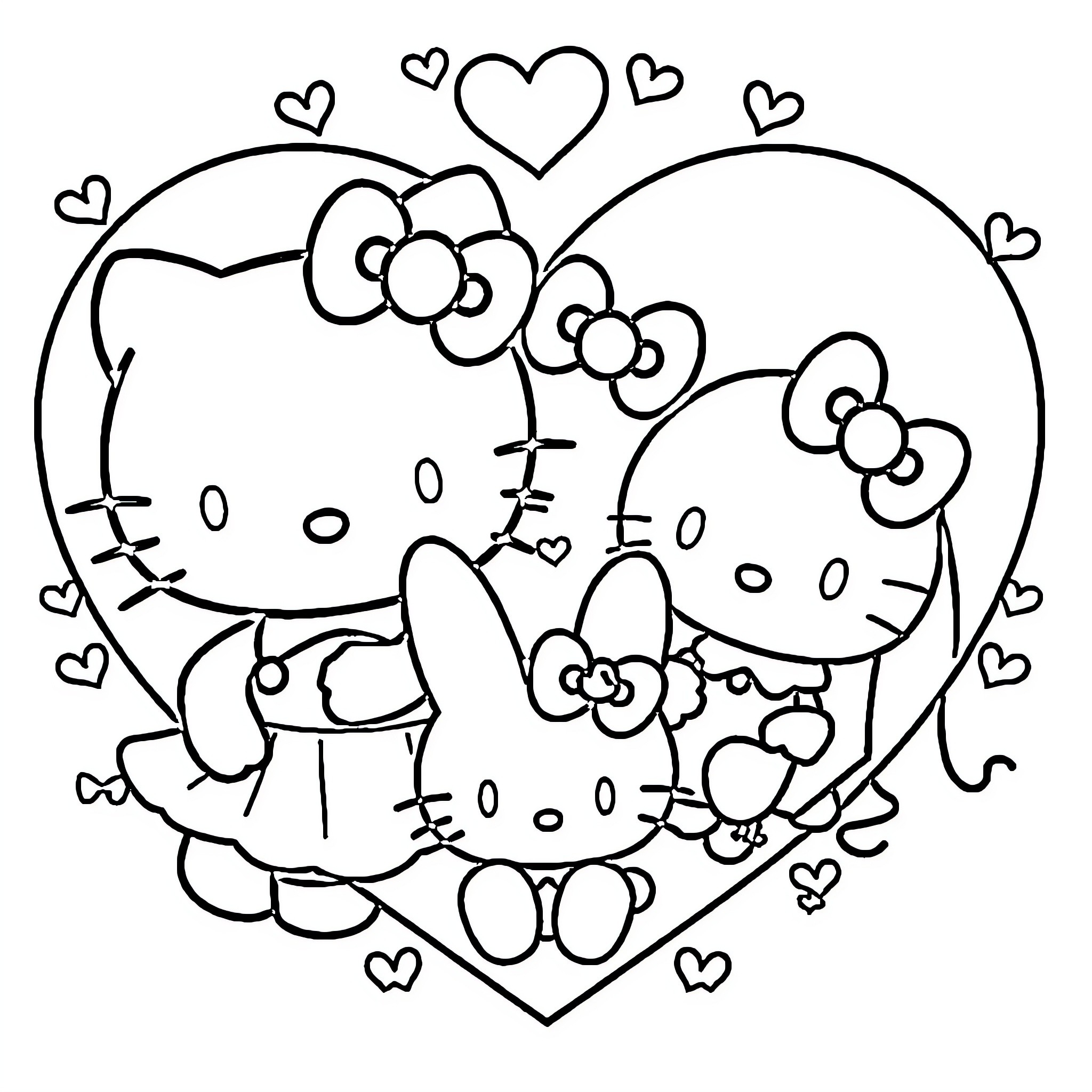 Hello Kitty and friends in a heart-shaped scene Coloring Page (free black-and-white line drawing printable PDF for all, from beginners to advanced learners, including children, teens, adults, and seniors)