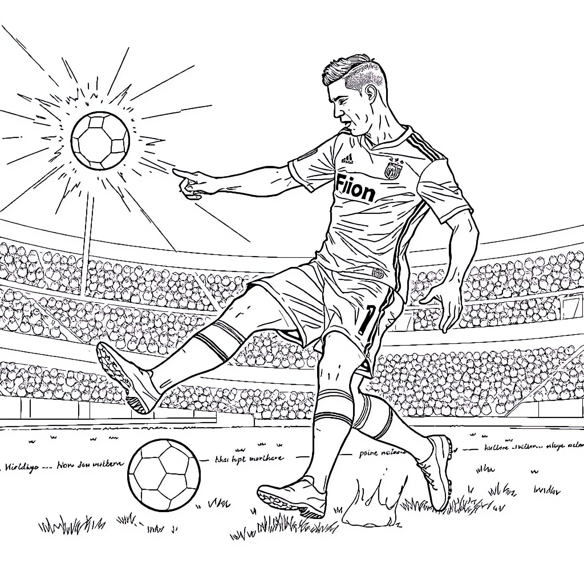Ronaldo's Soccer Skills Shine on the Field Coloring Page (free black-and-white line drawing printable PDF for all, from beginners to advanced learners, including children, teens, adults, and seniors)