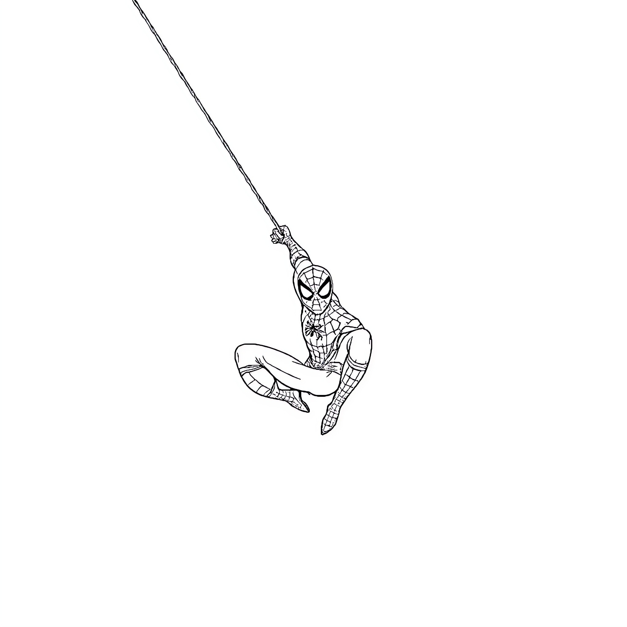 Spiderman swinging with web through the air Coloring Page (free black-and-white line drawing printable PDF for all, from beginners to advanced learners, including children, teens, adults, and seniors)