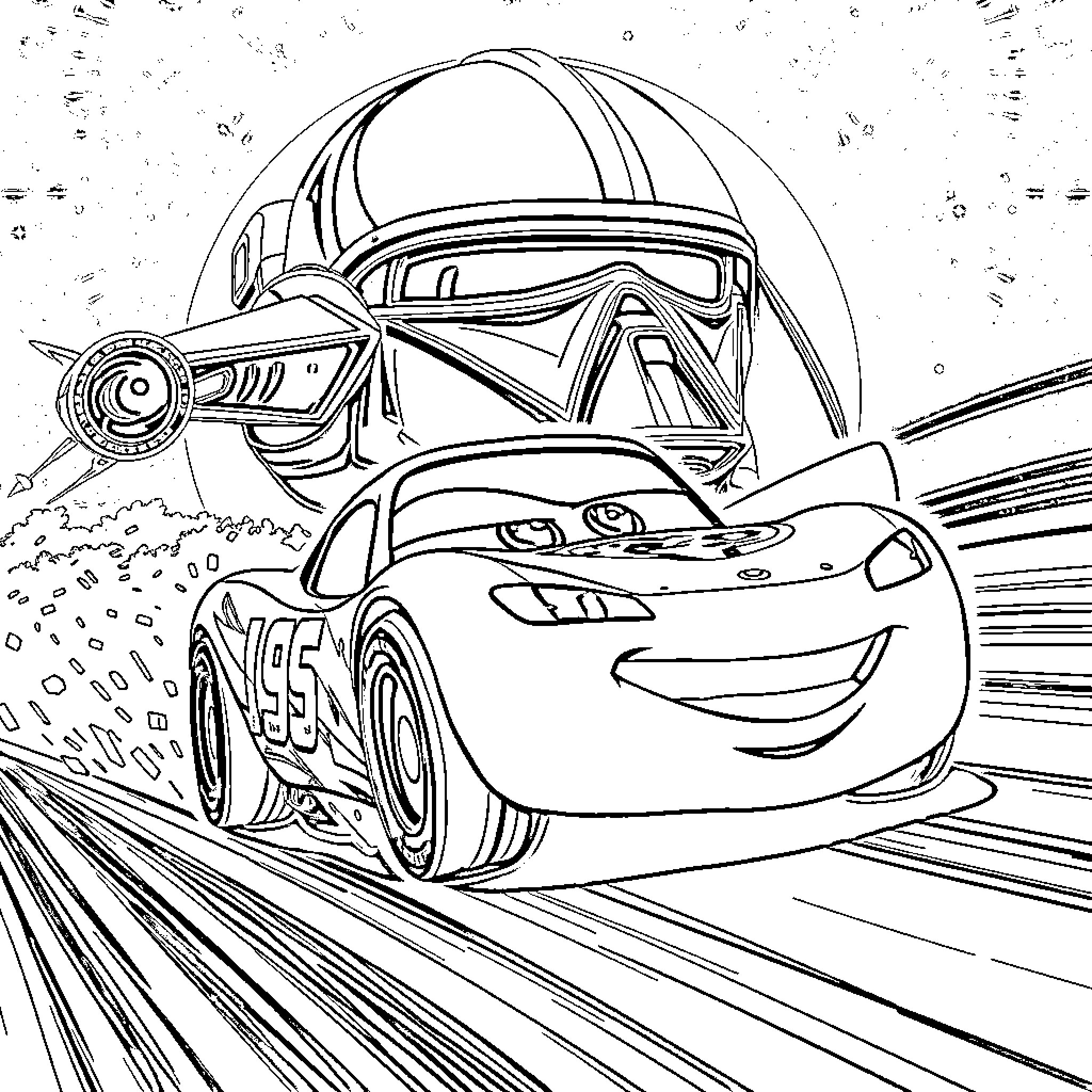 Flash McQueen racing with speed and excitement Coloring Page (free black-and-white line drawing printable PDF for all, from beginners to advanced learners, including children, teens, adults, and seniors)