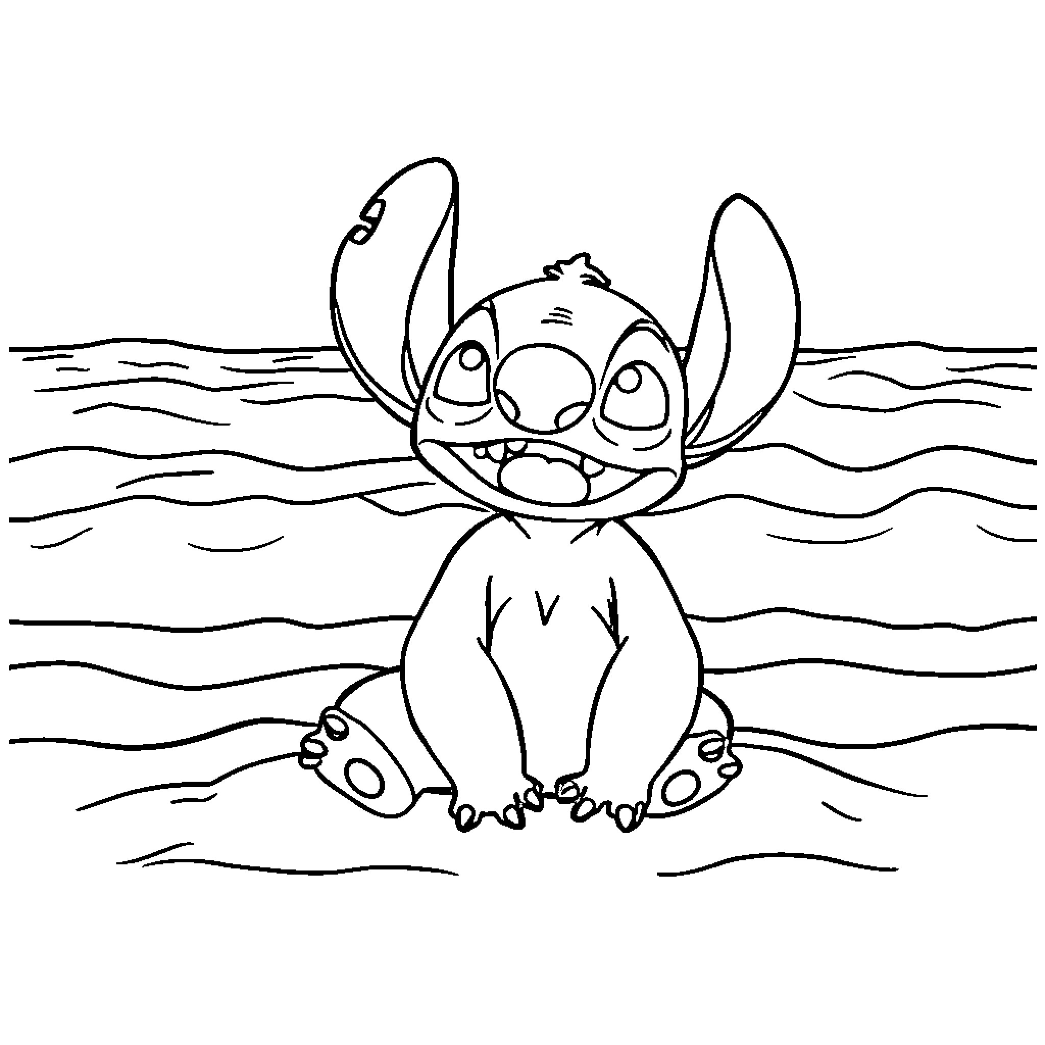 Stitch relaxing in the waves Coloring Page (free black-and-white line drawing printable PDF for all, from beginners to advanced learners, including children, teens, adults, and seniors)