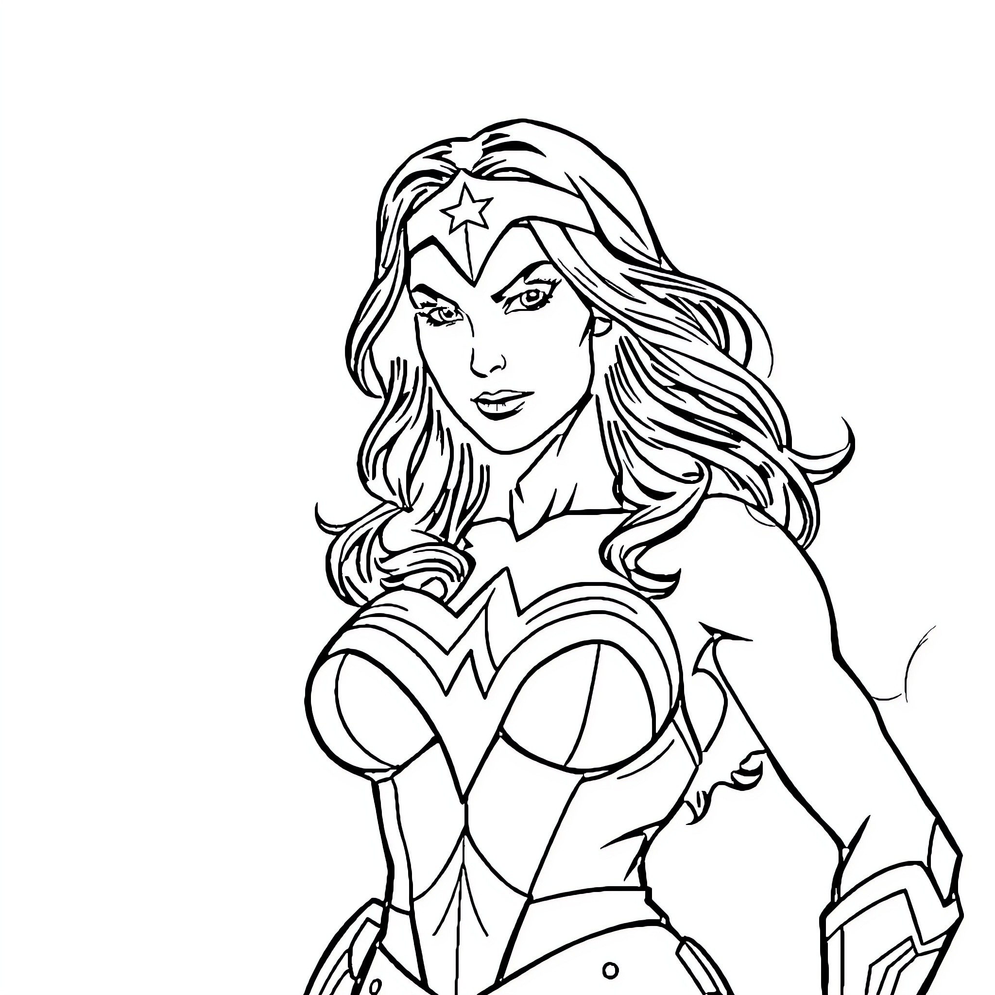 Wonder Woman in heroic pose Coloring Page (free black-and-white line drawing printable PDF for all, from beginners to advanced learners, including children, teens, adults, and seniors)