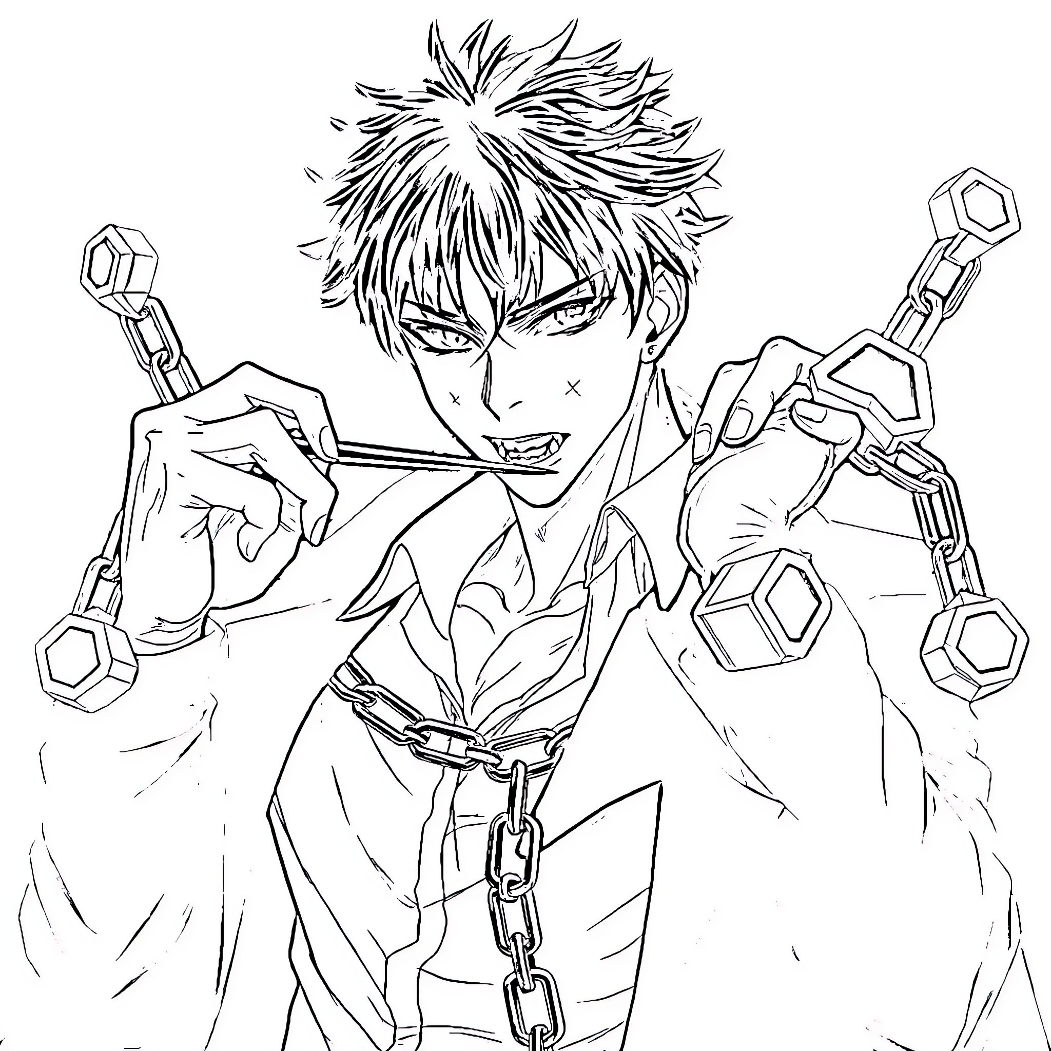 Vampire wielding chains in intense expression Coloring Page (free black-and-white line drawing printable PDF for all, from beginners to advanced learners, including children, teens, adults, and seniors)