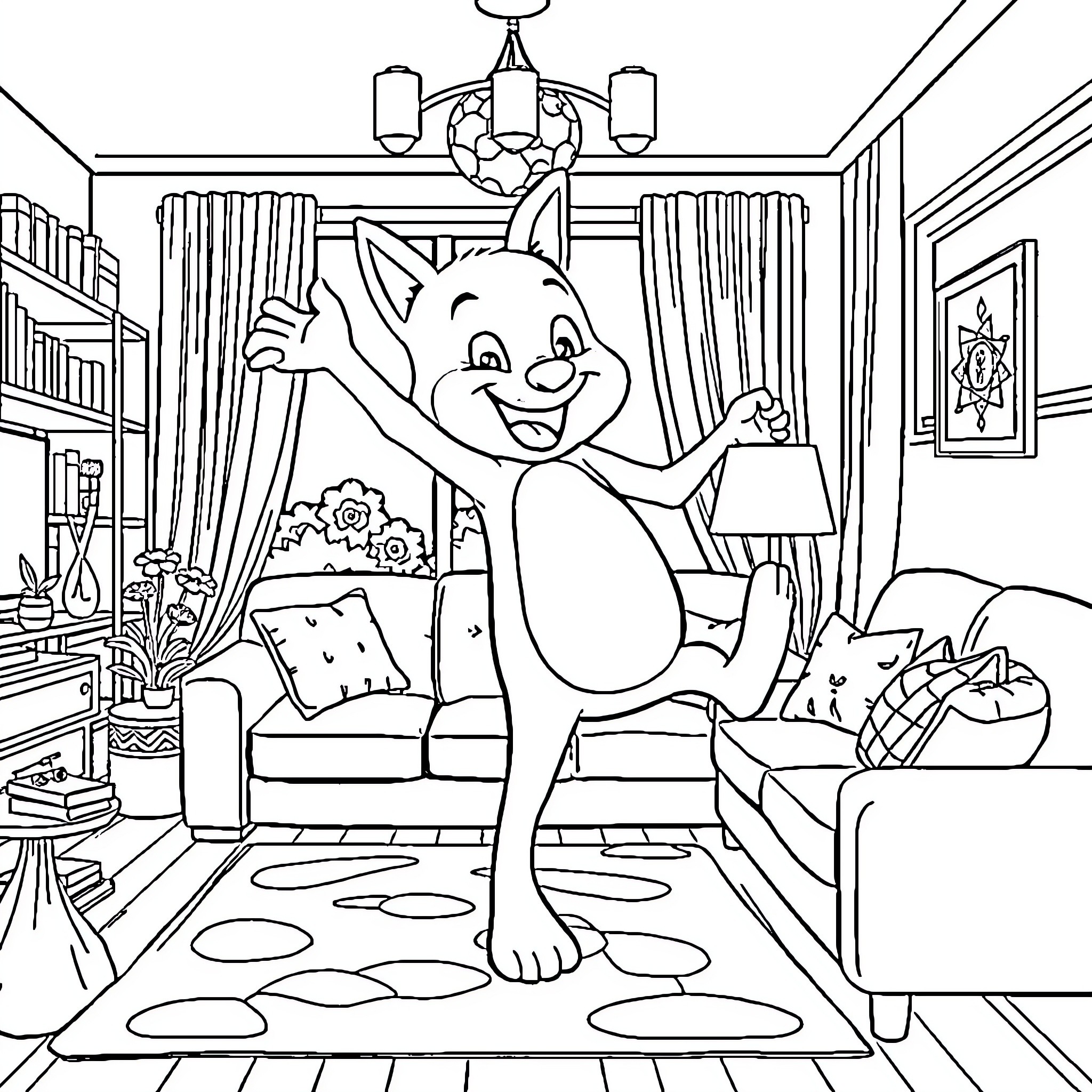 Bluey enjoying time at home in the living room Coloring Page (free black-and-white line drawing printable PDF for all, from beginners to advanced learners, including children, teens, adults, and seniors)