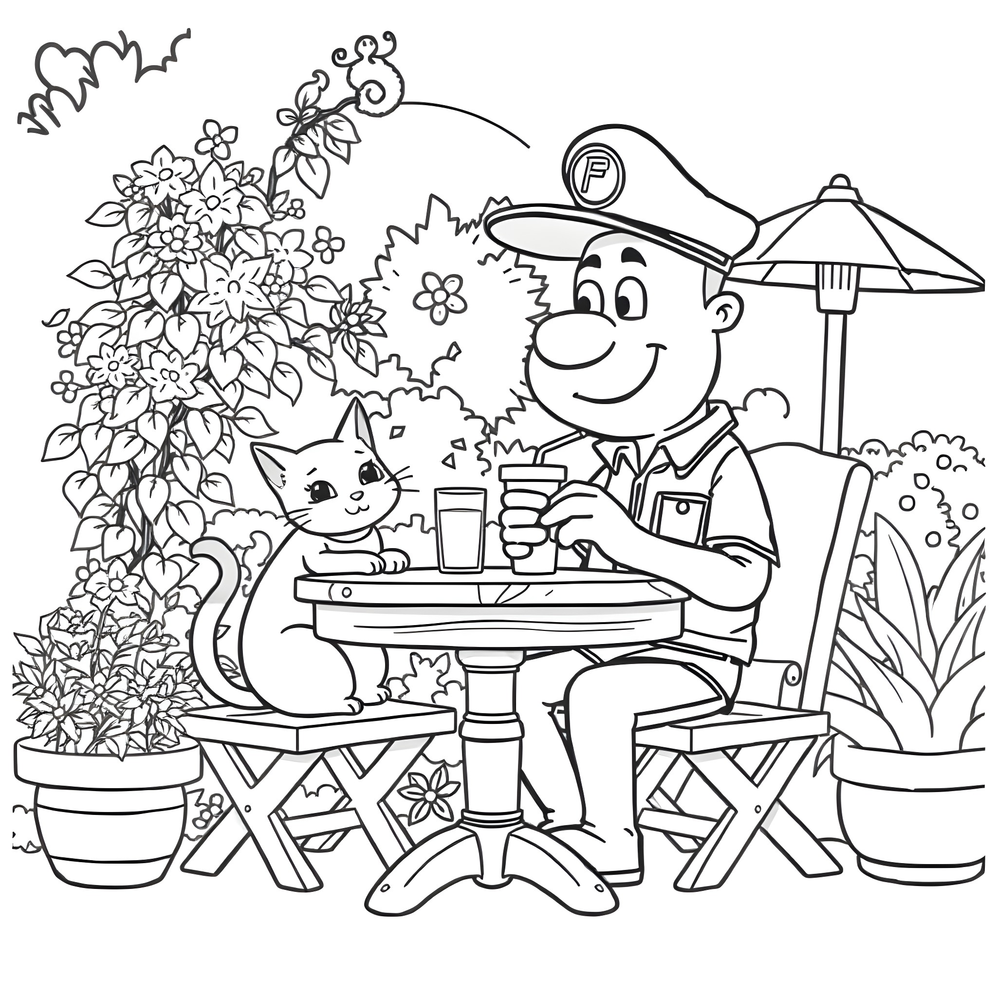 Postman Pat enjoying a break with his cat in the garden Coloring Page (free black-and-white line drawing printable PDF for all, from beginners to advanced learners, including children, teens, adults, and seniors)