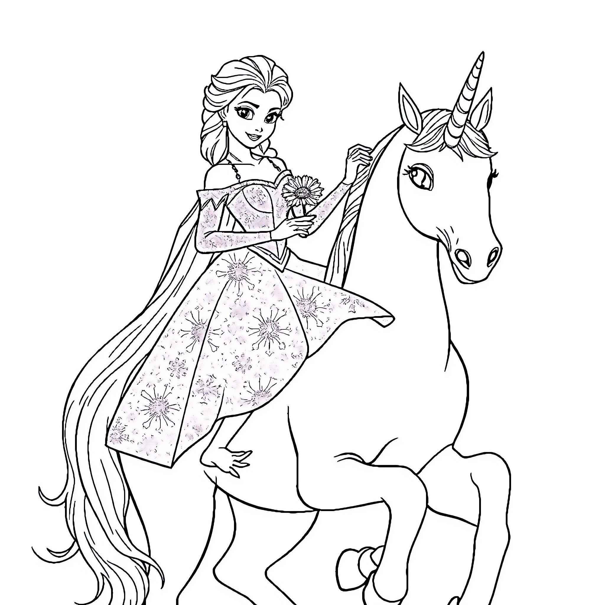 Elsa riding a magical unicorn in a flowery dress Coloring Page (free black-and-white line drawing printable PDF for all, from beginners to advanced learners, including children, teens, adults, and seniors)