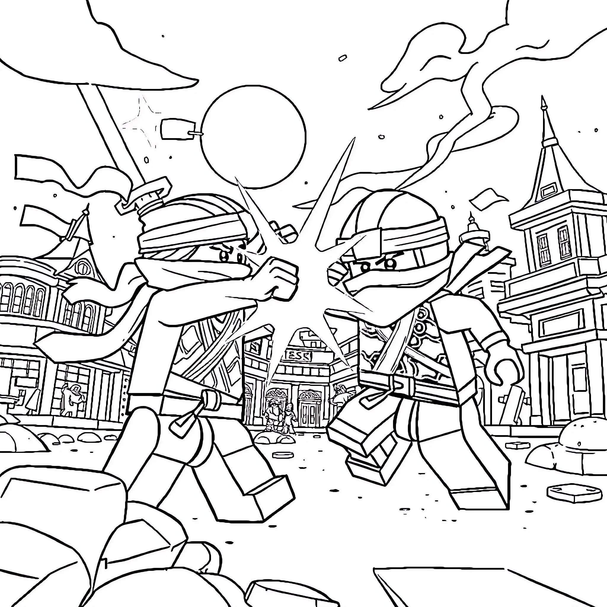 Kay and Jay battle alien invaders in the city Coloring Page (free black-and-white line drawing printable PDF for all, from beginners to advanced learners, including children, teens, adults, and seniors)