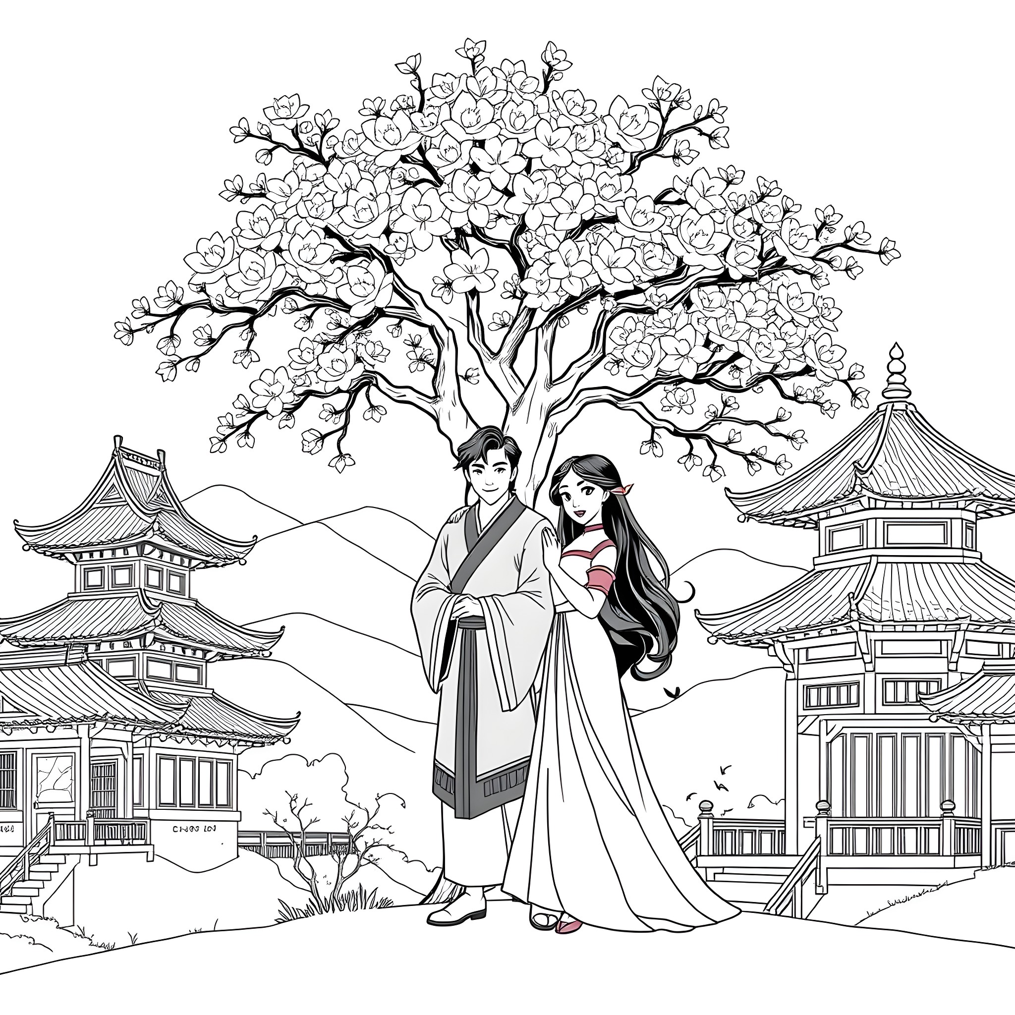 Mulan and her love interest in traditional Japanese attire Coloring Page (free black-and-white line drawing printable PDF for all, from beginners to advanced learners, including children, teens, adults, and seniors)