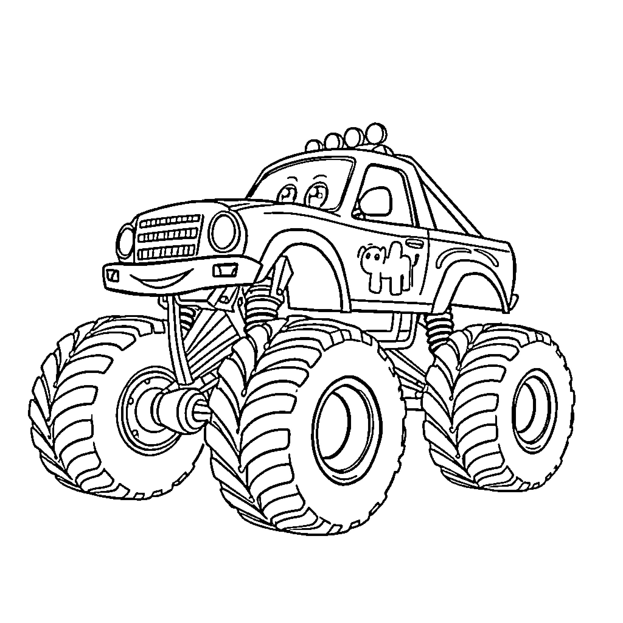 Monster Truck Crushing Massive Tires in Action Coloring Page (free black-and-white line drawing printable PDF for all, from beginners to advanced learners, including children, teens, adults, and seniors)